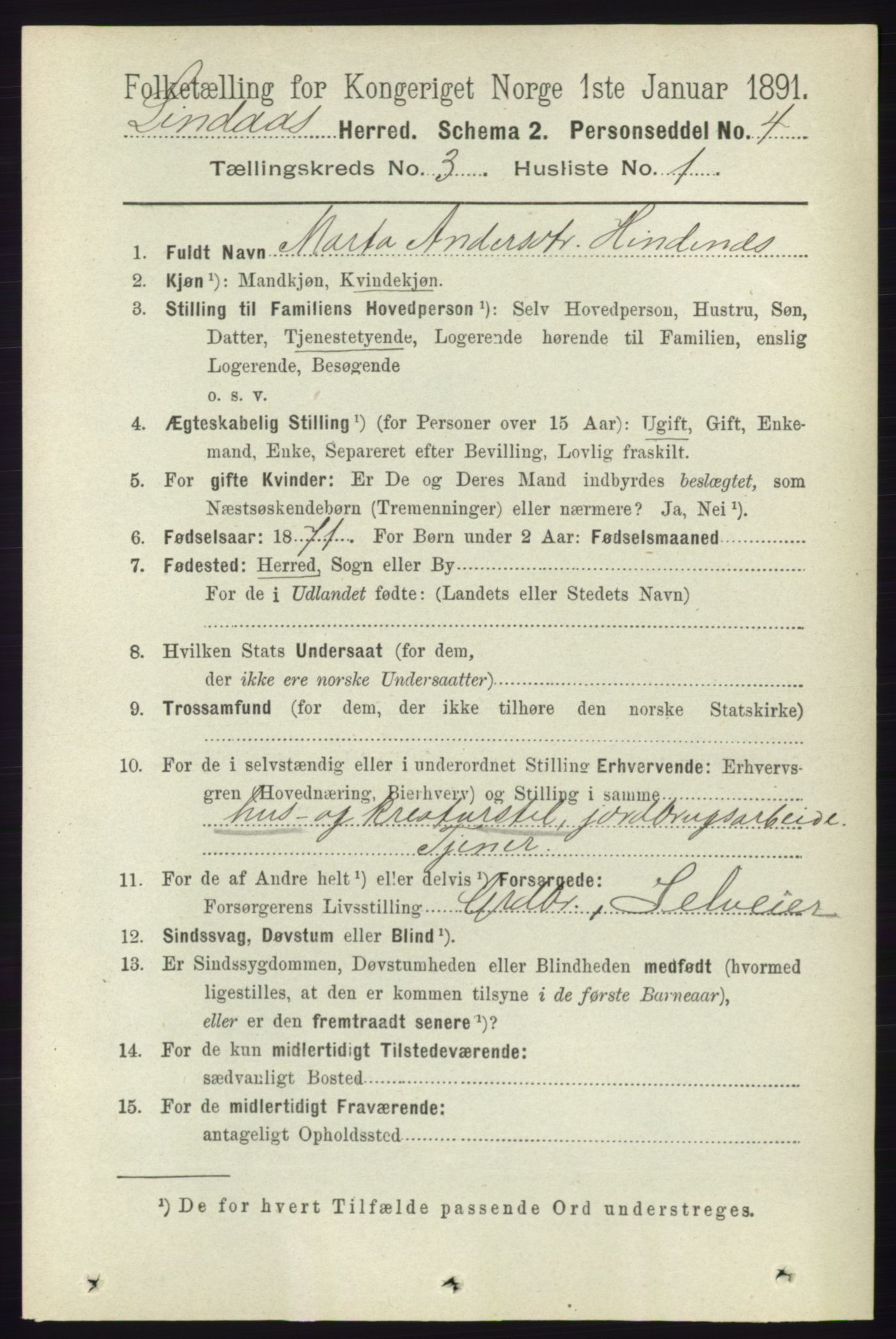 RA, 1891 census for 1263 Lindås, 1891, p. 808