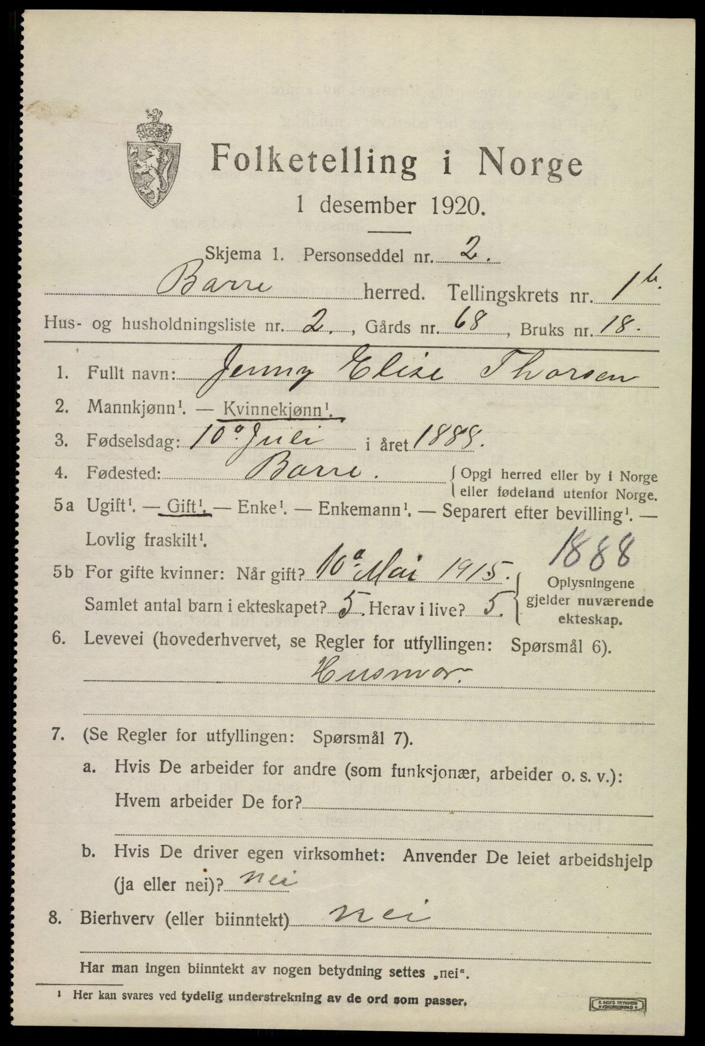 SAKO, 1920 census for Borre, 1920, p. 2634