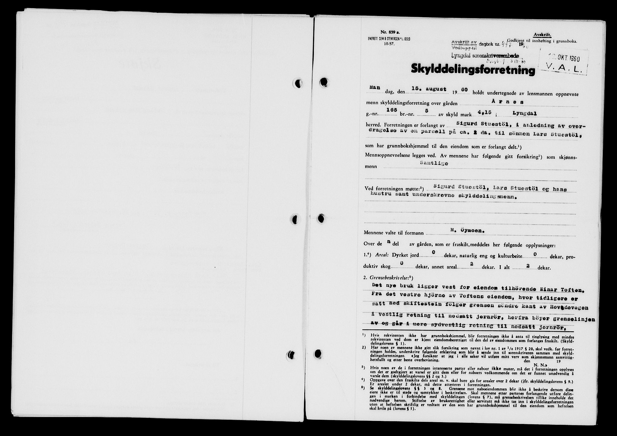 Lyngdal sorenskriveri, AV/SAK-1221-0004/G/Gb/L0680: Mortgage book no. A XXVI, 1960-1960, Diary no: : 997/1960