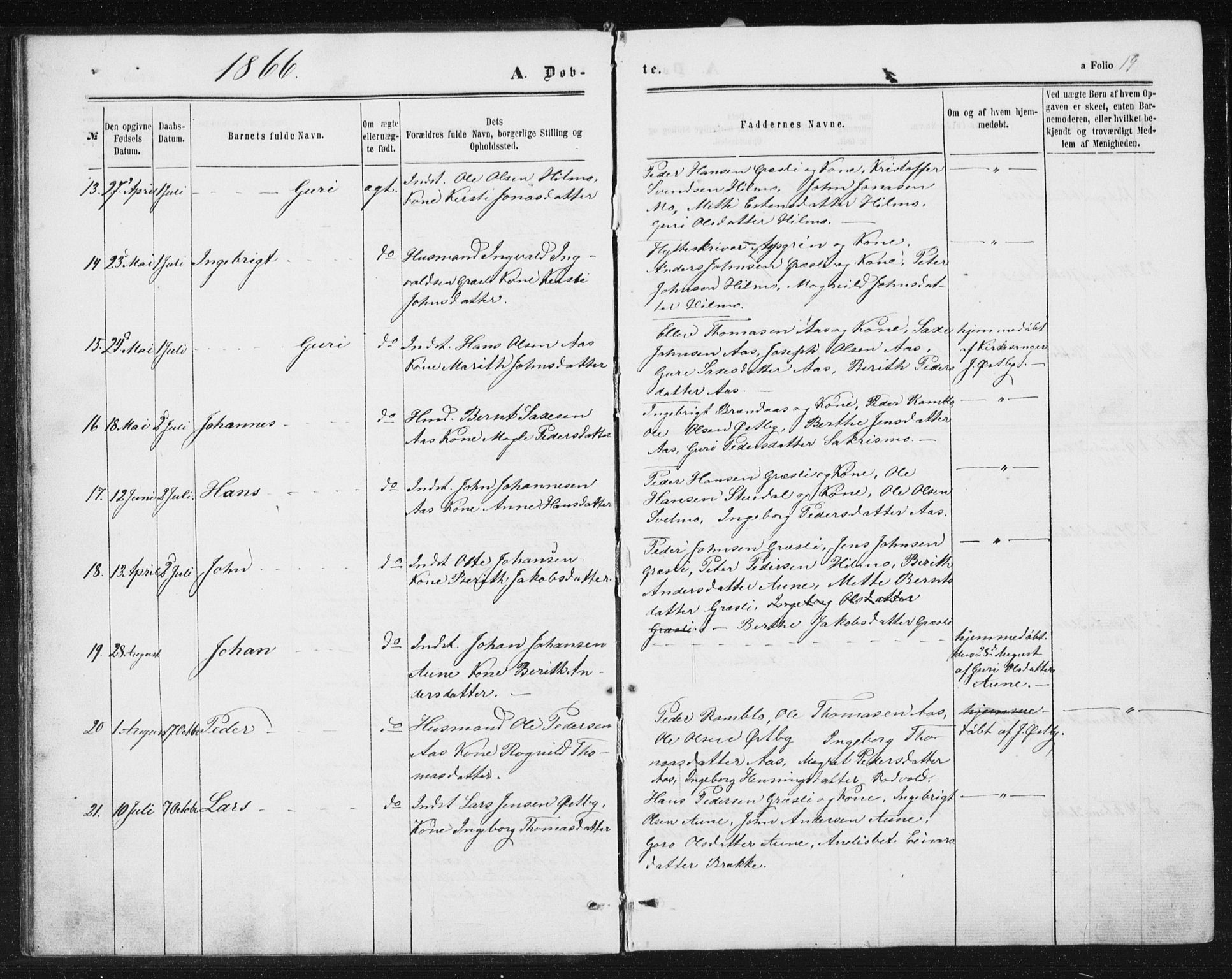 Ministerialprotokoller, klokkerbøker og fødselsregistre - Sør-Trøndelag, SAT/A-1456/698/L1166: Parish register (copy) no. 698C03, 1861-1887, p. 19