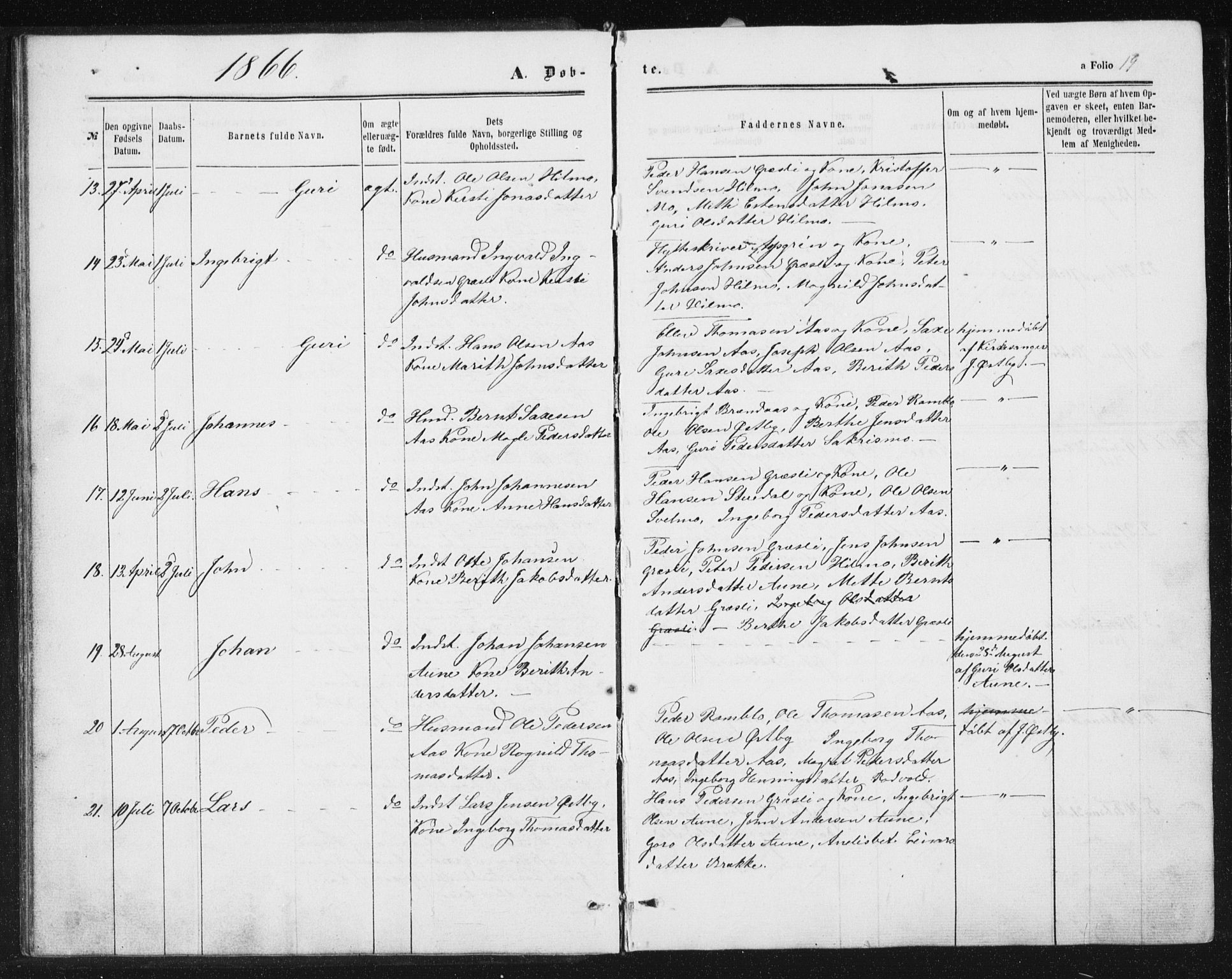 Ministerialprotokoller, klokkerbøker og fødselsregistre - Sør-Trøndelag, AV/SAT-A-1456/698/L1166: Parish register (copy) no. 698C03, 1861-1887, p. 19