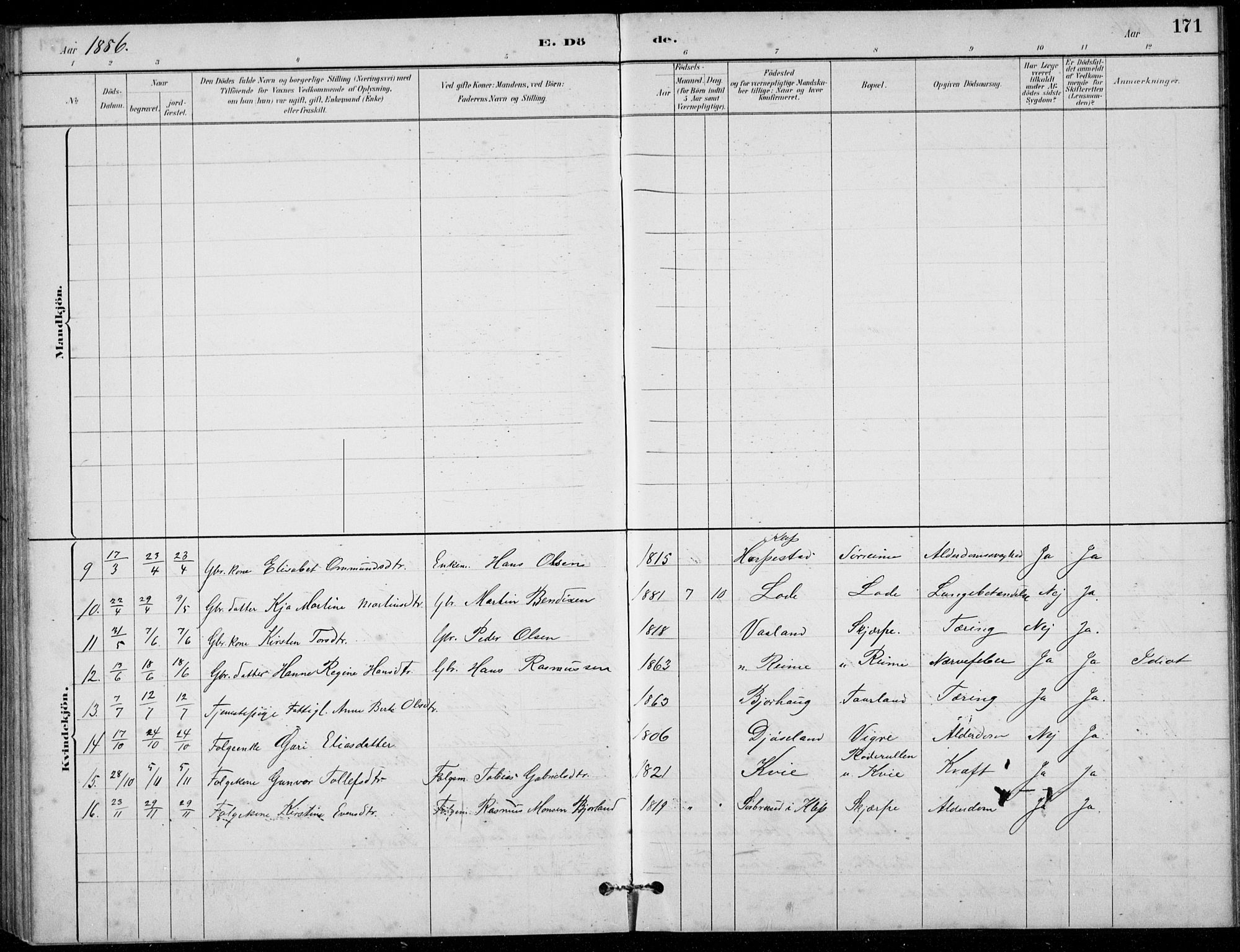 Hå sokneprestkontor, AV/SAST-A-101801/001/30BB/L0003: Parish register (copy) no. B 3, 1883-1894, p. 171