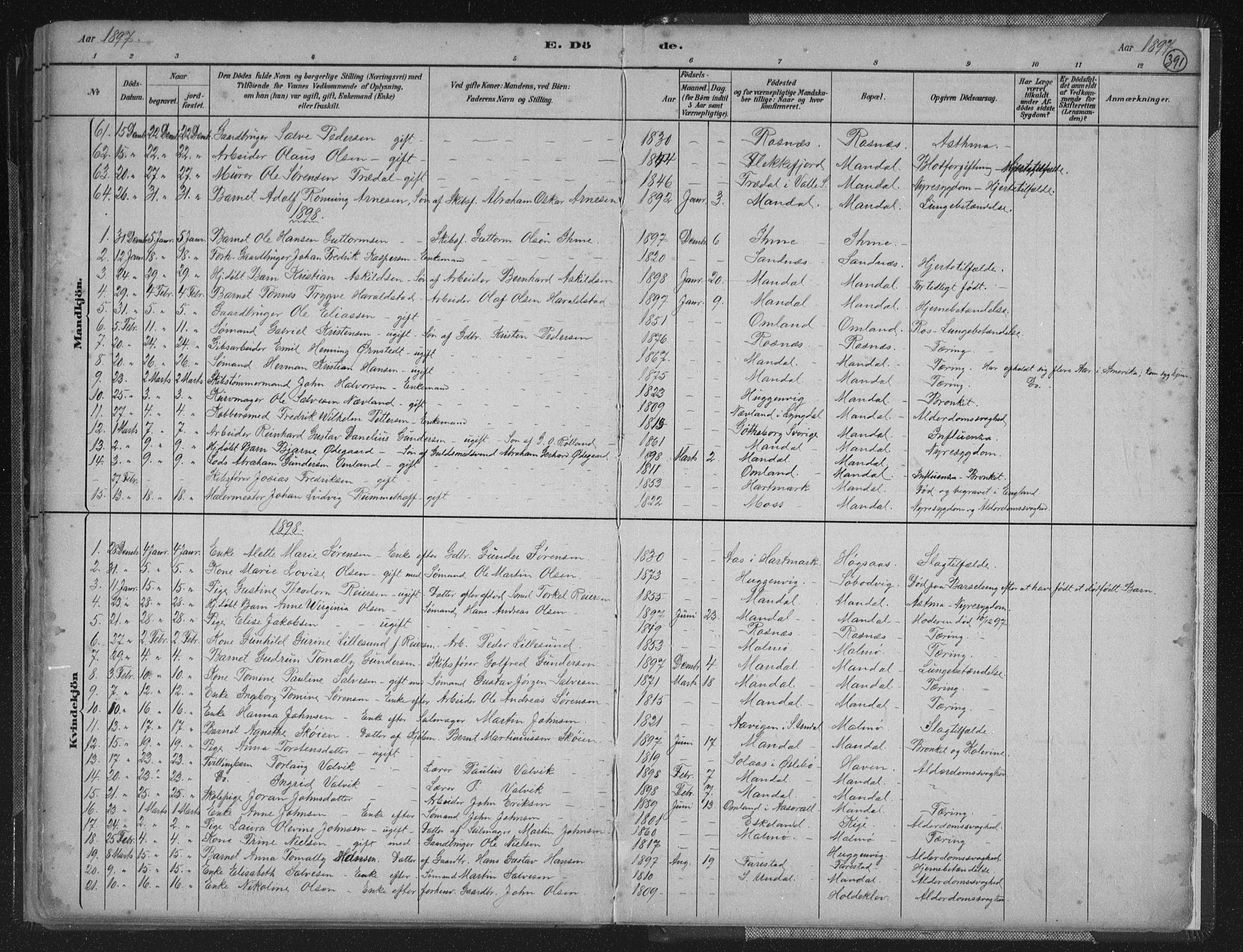 Mandal sokneprestkontor, AV/SAK-1111-0030/F/Fb/Fba/L0011: Parish register (copy) no. B 5, 1880-1898, p. 391