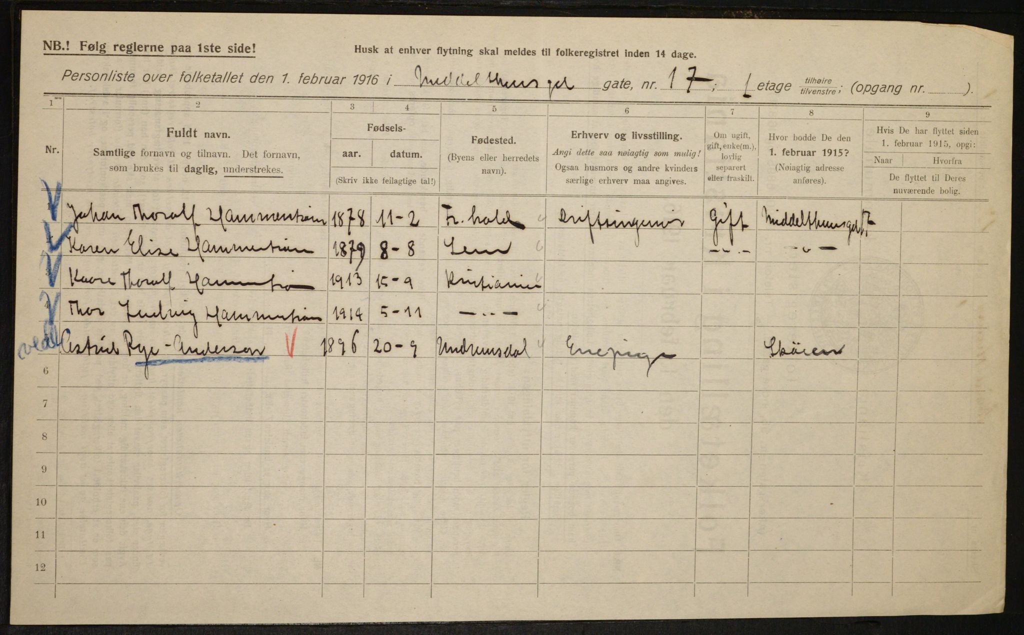 OBA, Municipal Census 1916 for Kristiania, 1916, p. 67032