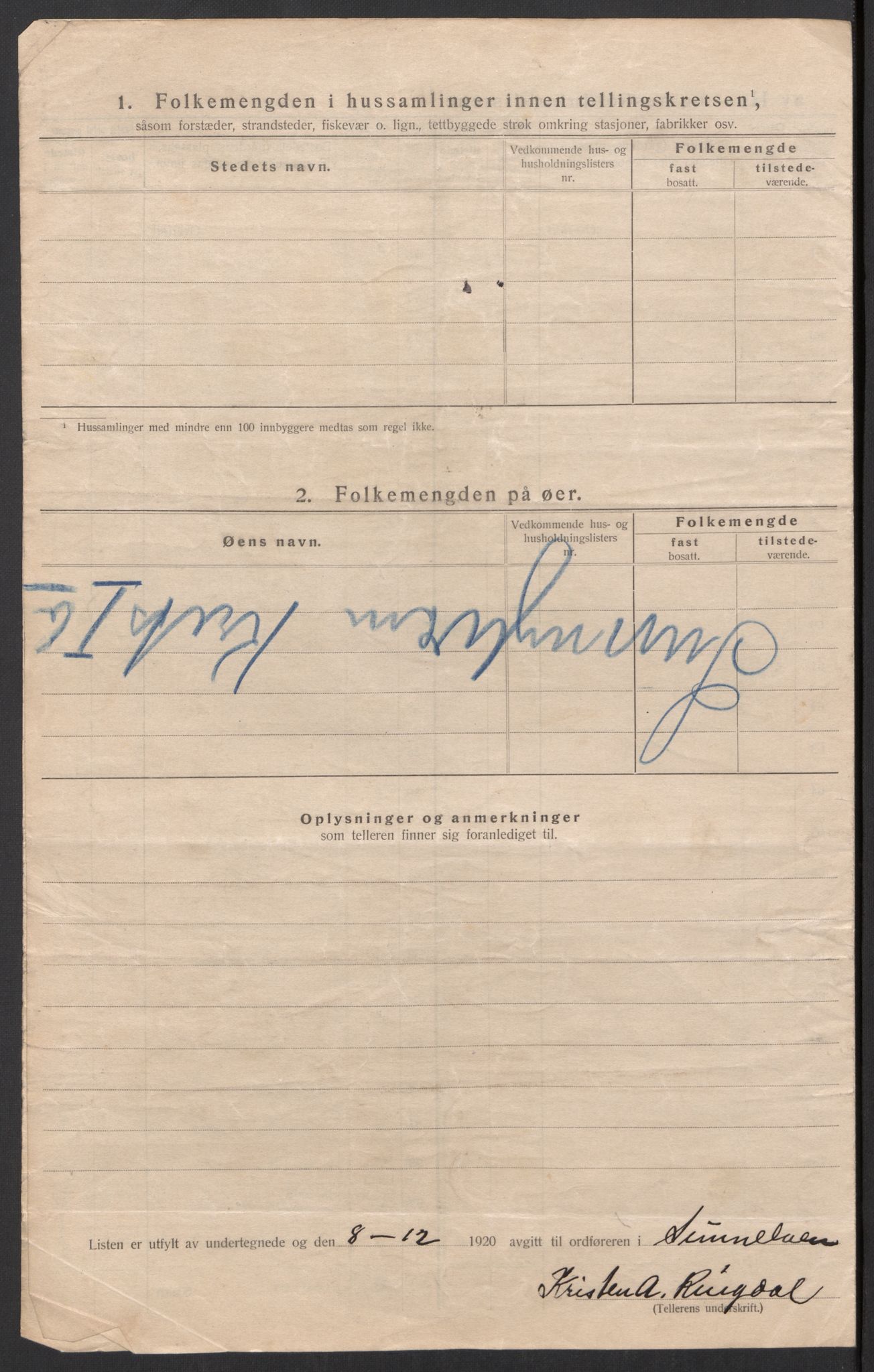 SAT, 1920 census for Sunnylven, 1920, p. 19