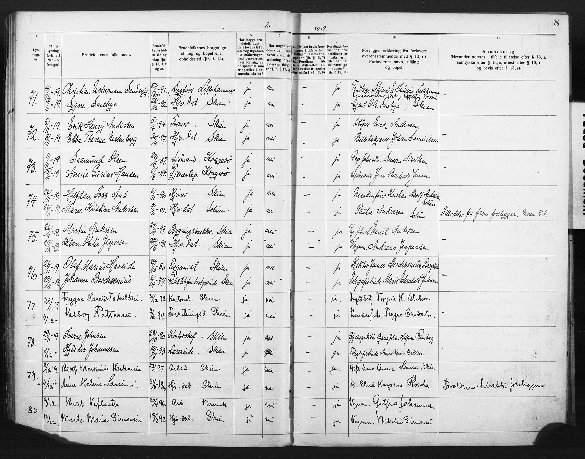 Skien kirkebøker, SAKO/A-302/H/Ha/L0001: Banns register no. 1, 1919-1929, p. 8
