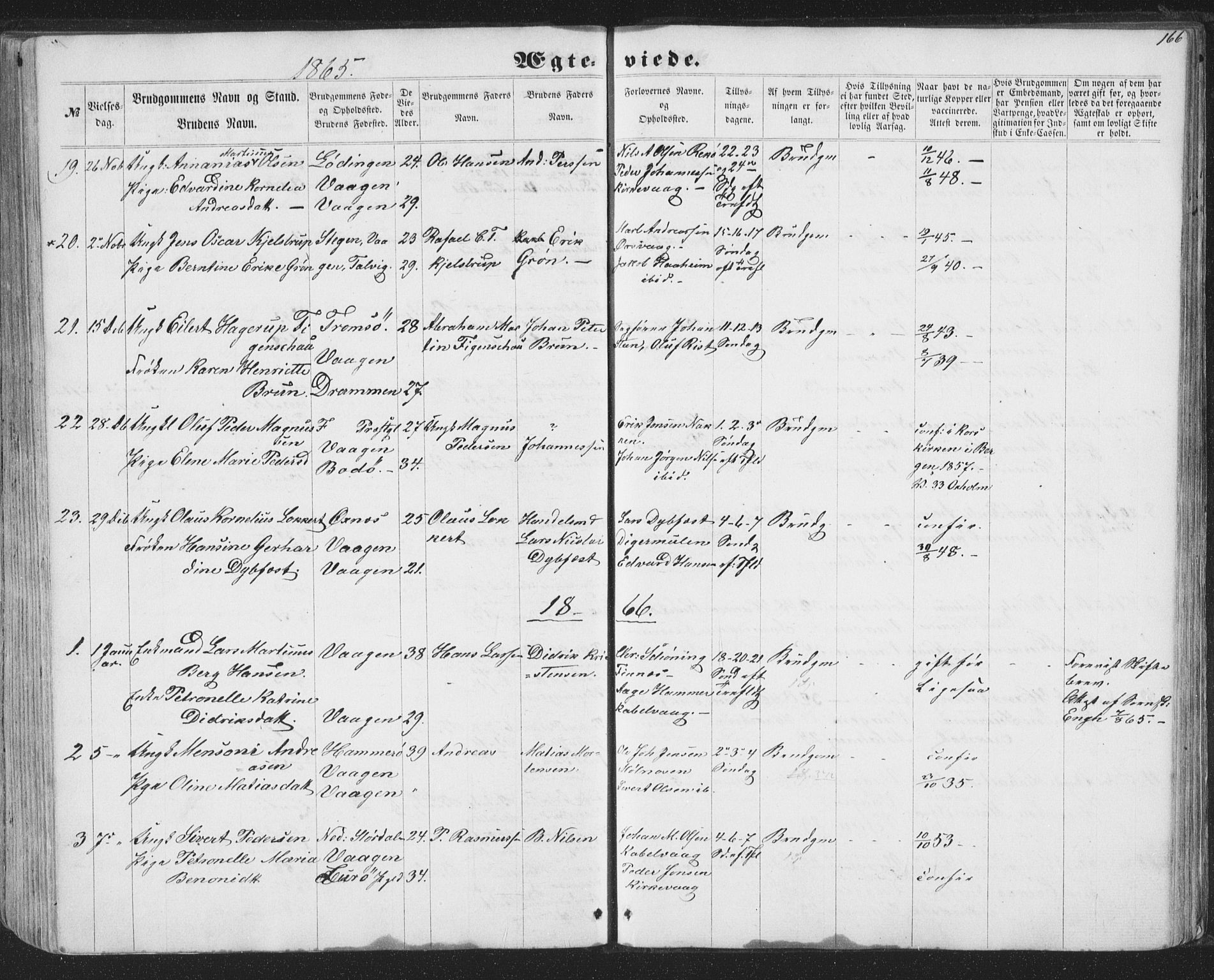 Ministerialprotokoller, klokkerbøker og fødselsregistre - Nordland, SAT/A-1459/874/L1073: Parish register (copy) no. 874C02, 1860-1870, p. 166