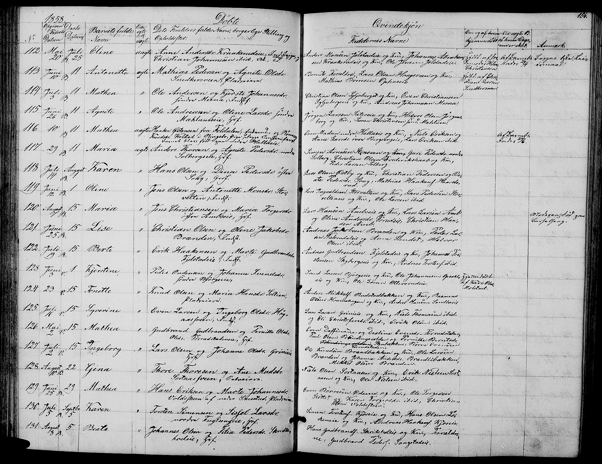 Ringsaker prestekontor, SAH/PREST-014/L/La/L0006: Parish register (copy) no. 6, 1851-1860, p. 156