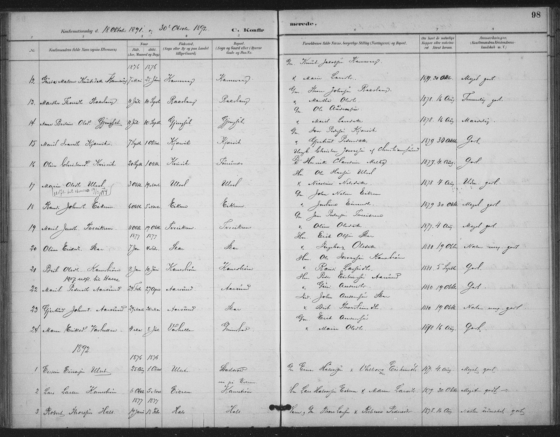 Ministerialprotokoller, klokkerbøker og fødselsregistre - Møre og Romsdal, AV/SAT-A-1454/587/L1000: Parish register (official) no. 587A02, 1887-1910, p. 98