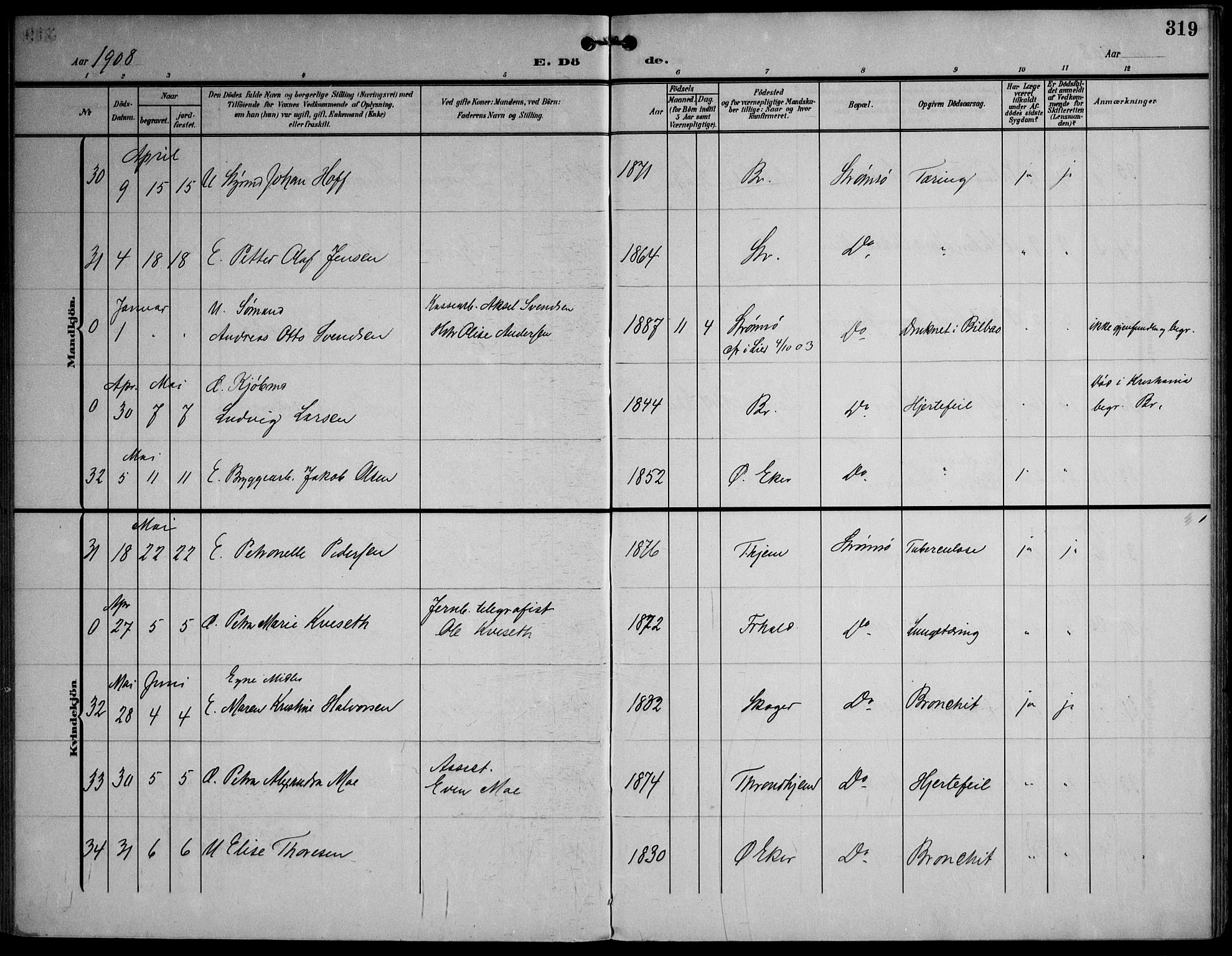 Strømsø kirkebøker, AV/SAKO-A-246/F/Fa/L0026: Parish register (official) no. I 26, 1905-1914, p. 319