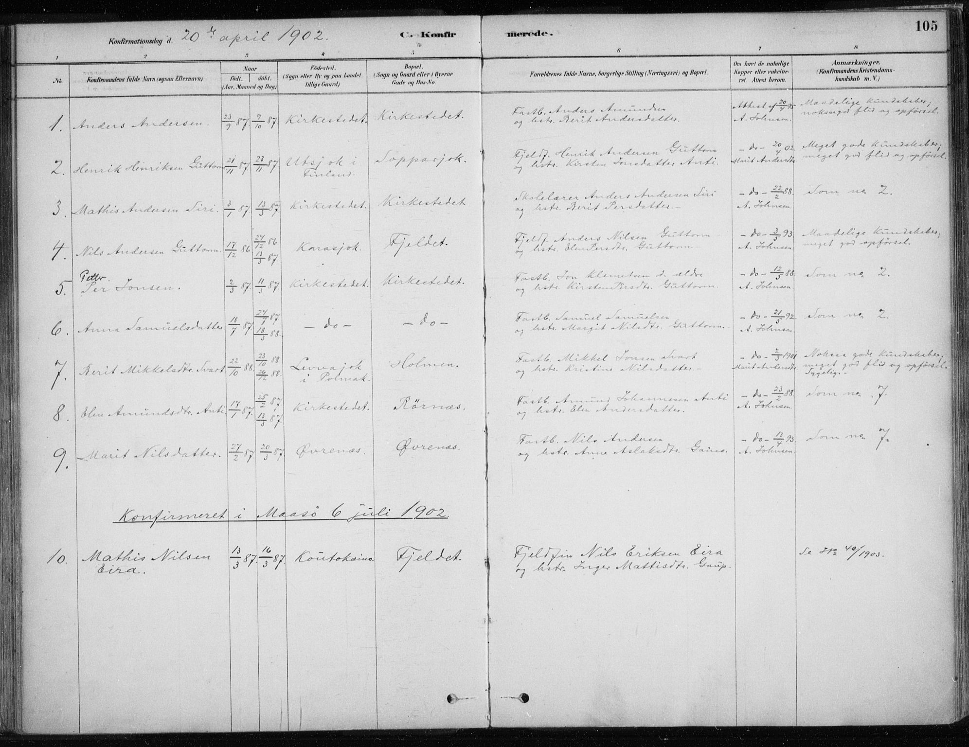 Karasjok sokneprestkontor, AV/SATØ-S-1352/H/Ha/L0002kirke: Parish register (official) no. 2, 1885-1906, p. 105