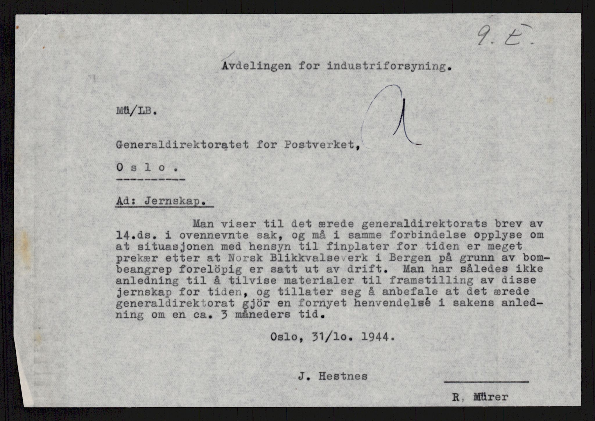 Direktoratet for industriforsyning, Sekretariatet, AV/RA-S-4153/D/Df/L0055: 9. Metallkontoret, 1940-1945, p. 179