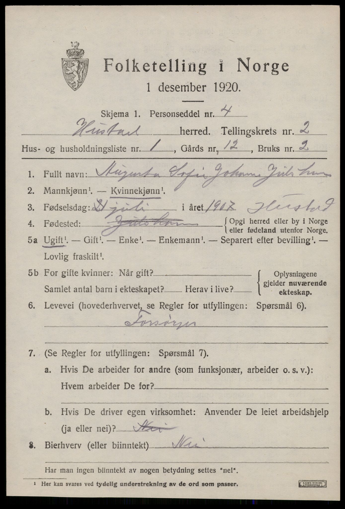 SAT, 1920 census for Hustad, 1920, p. 1525