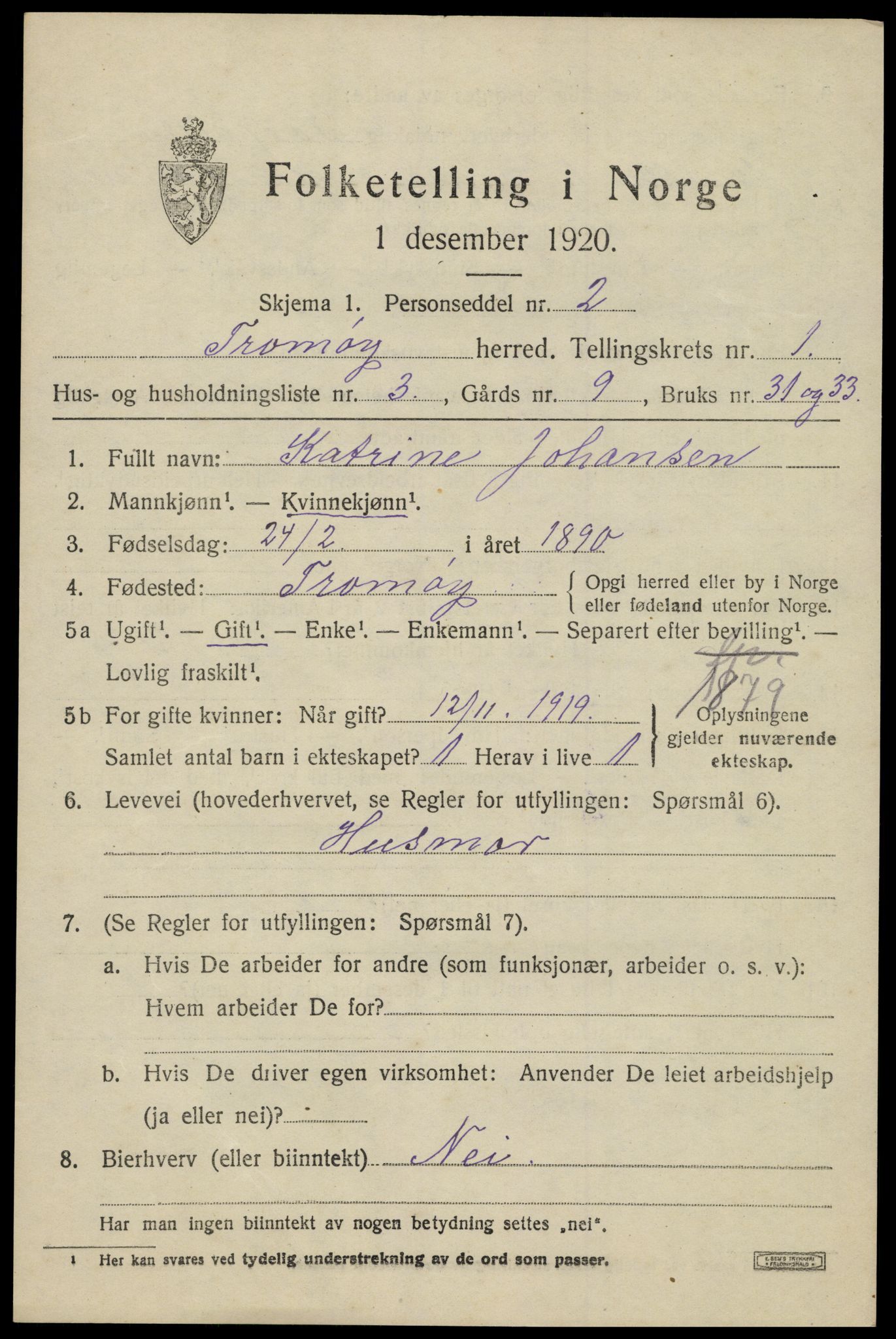 SAK, 1920 census for Tromøy, 1920, p. 1079