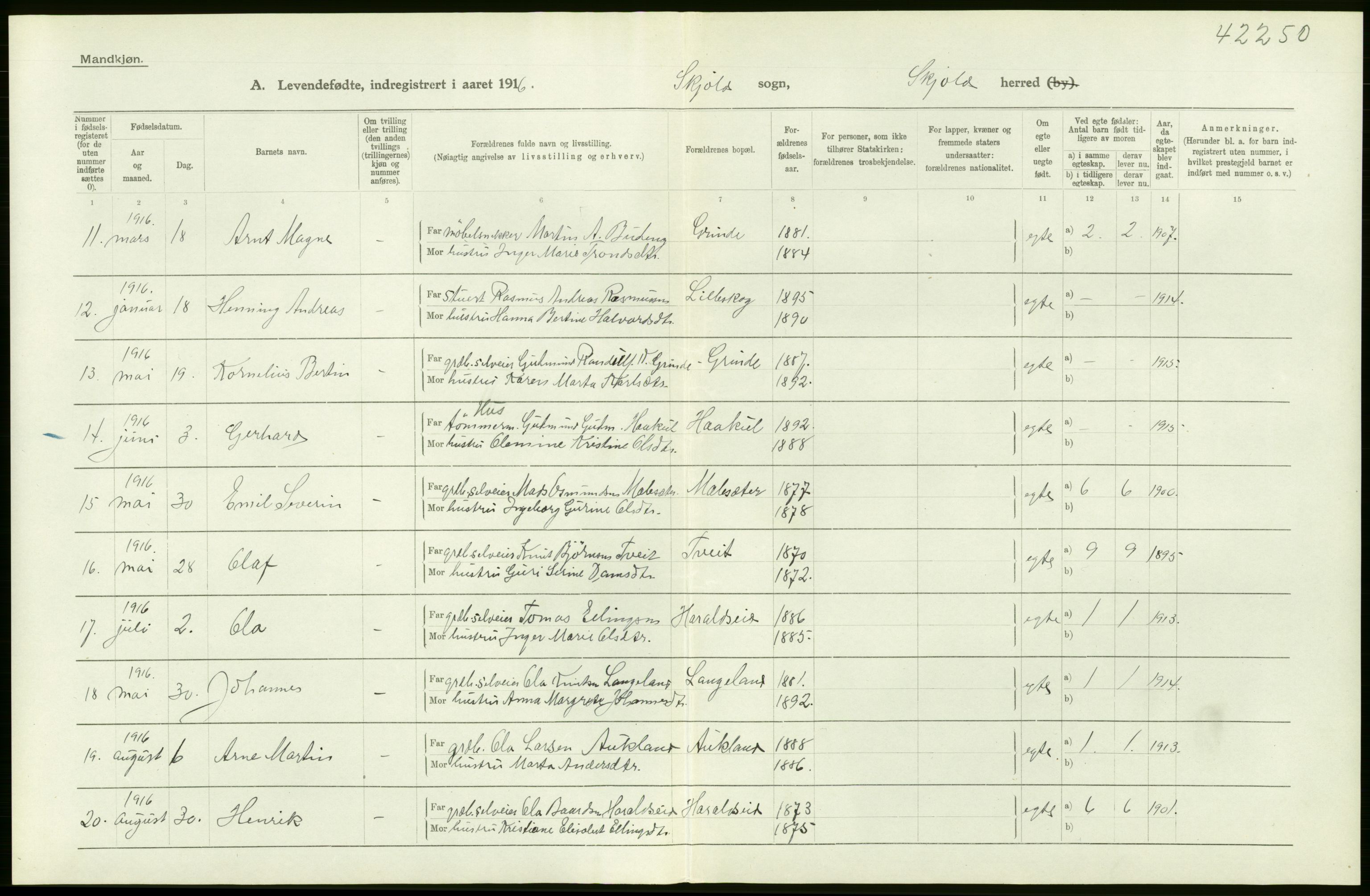Statistisk sentralbyrå, Sosiodemografiske emner, Befolkning, AV/RA-S-2228/D/Df/Dfb/Dfbf/L0029: Stavanger amt: Levendefødte menn og kvinner. Bygder., 1916, p. 38