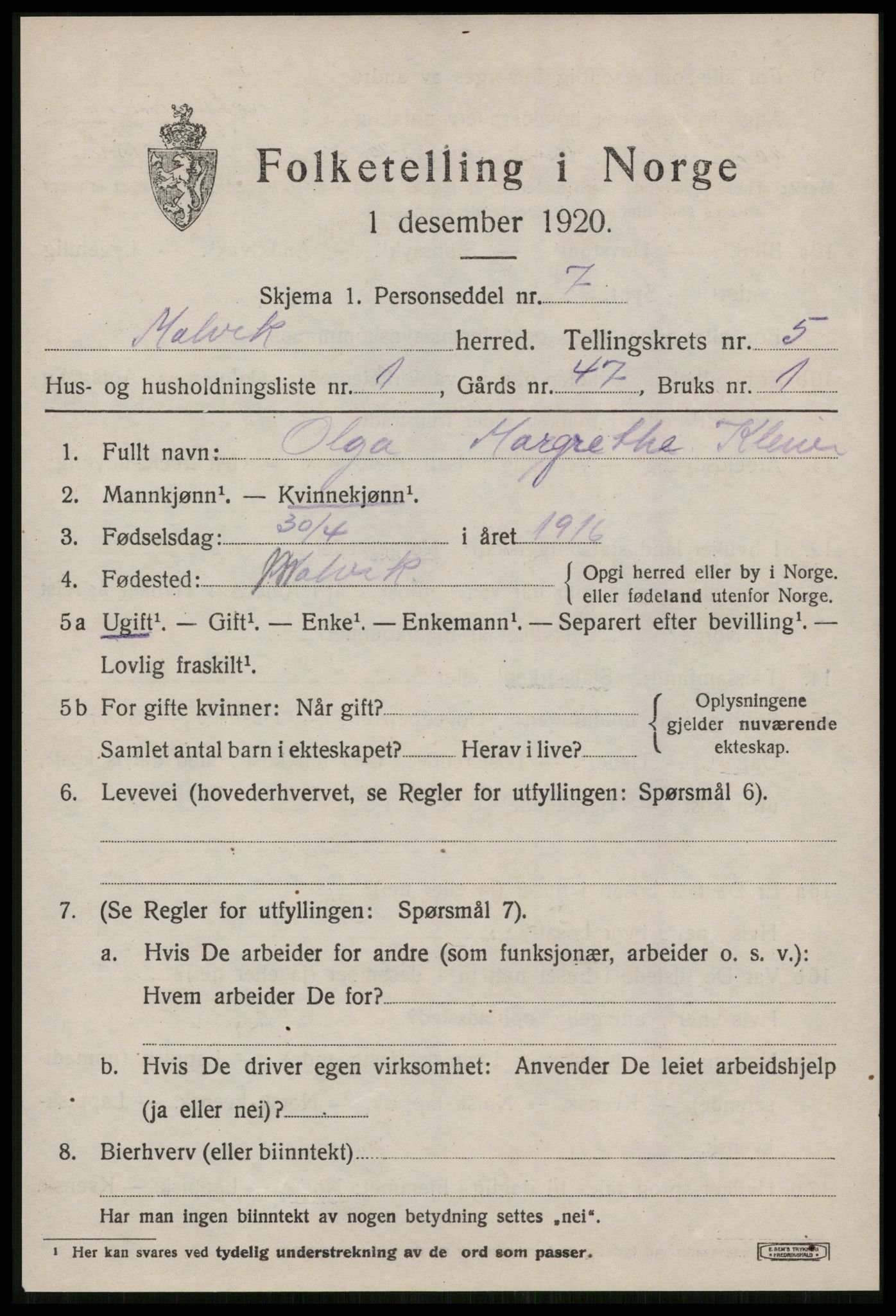 SAT, 1920 census for Malvik, 1920, p. 3192