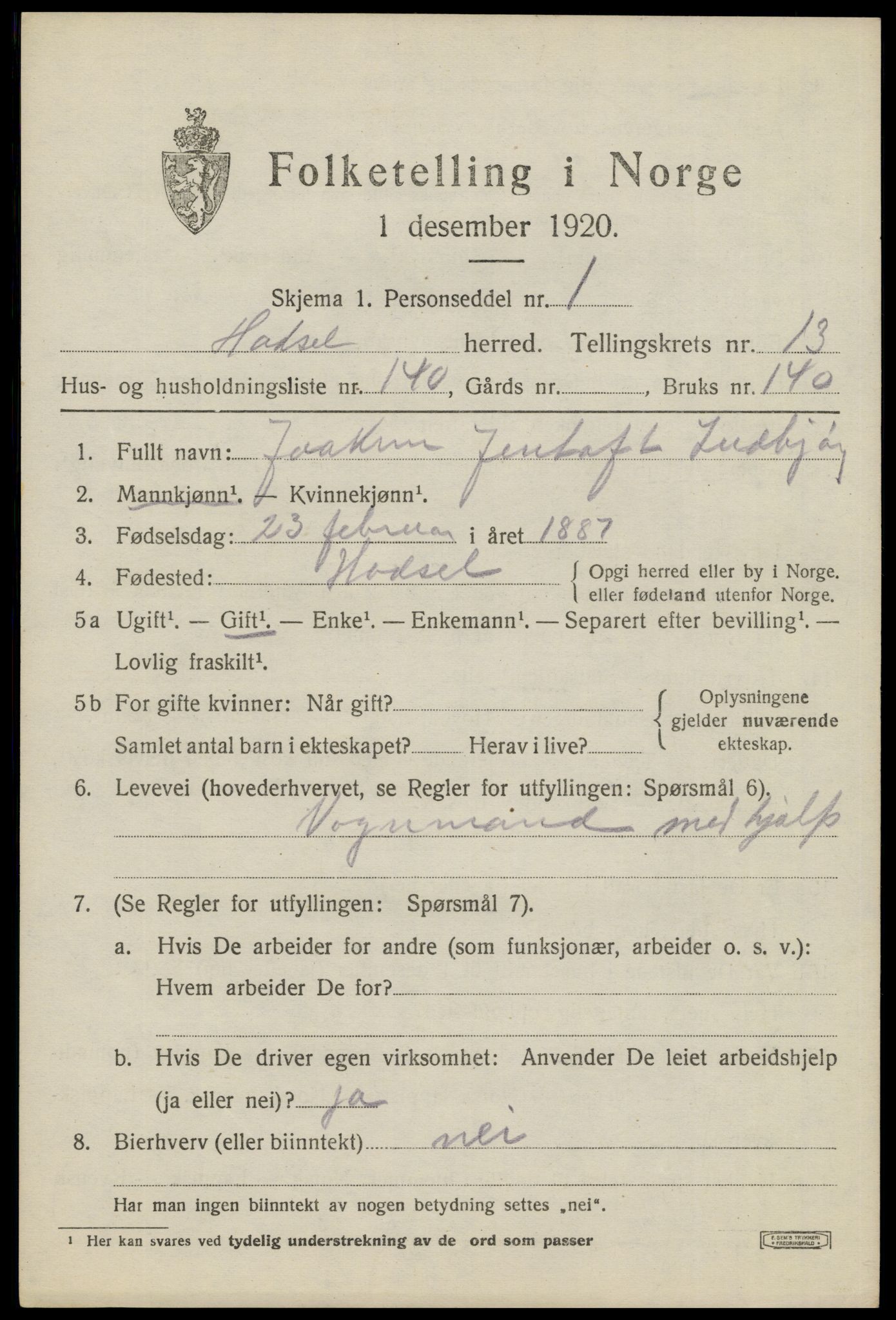 SAT, 1920 census for Hadsel, 1920, p. 11524