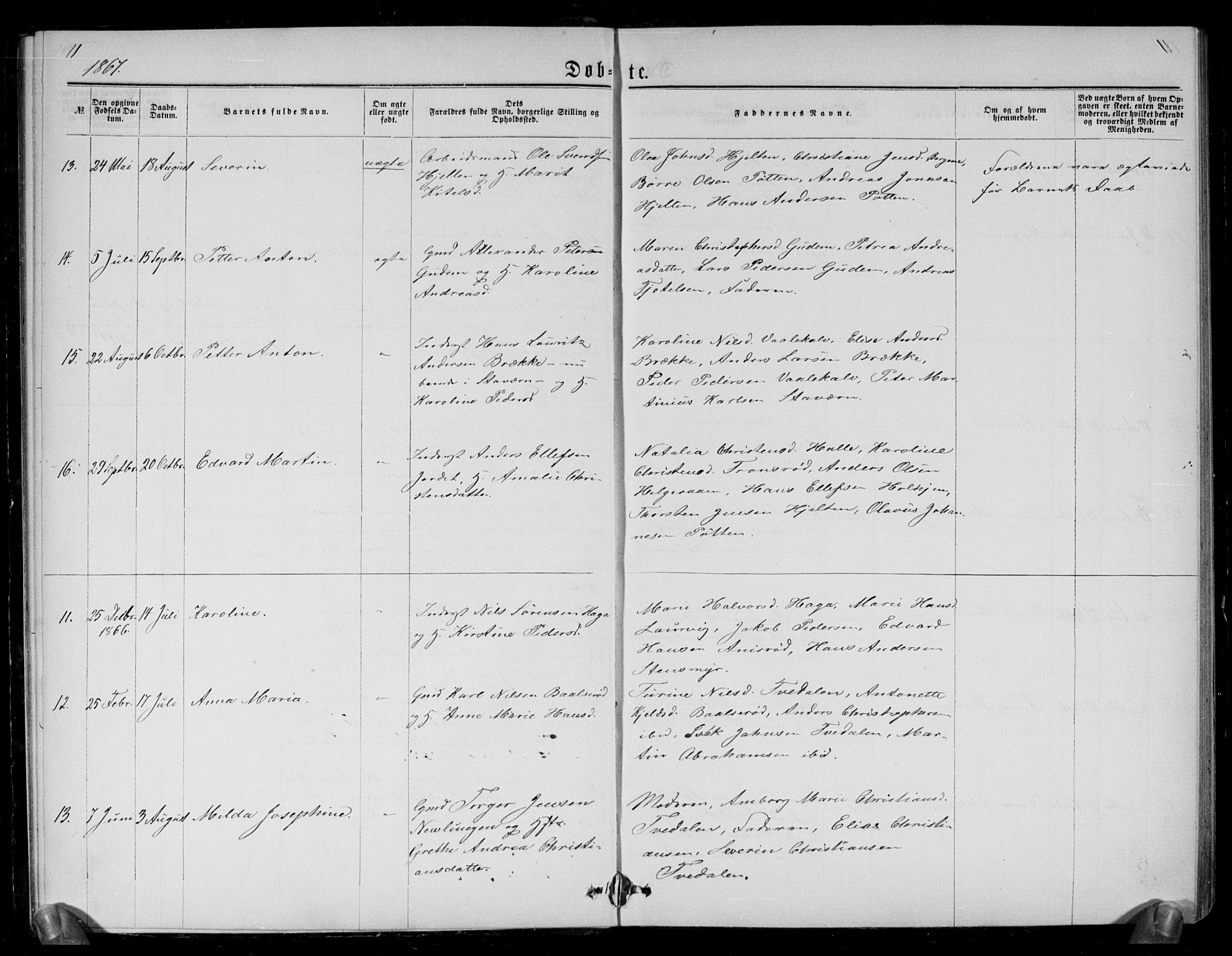 Brunlanes kirkebøker, AV/SAKO-A-342/G/Ga/L0002: Parish register (copy) no. I 2, 1866-1876, p. 11