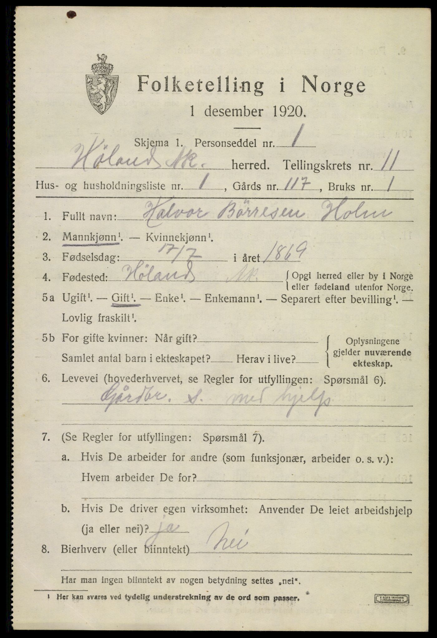 SAO, 1920 census for Høland, 1920, p. 10799