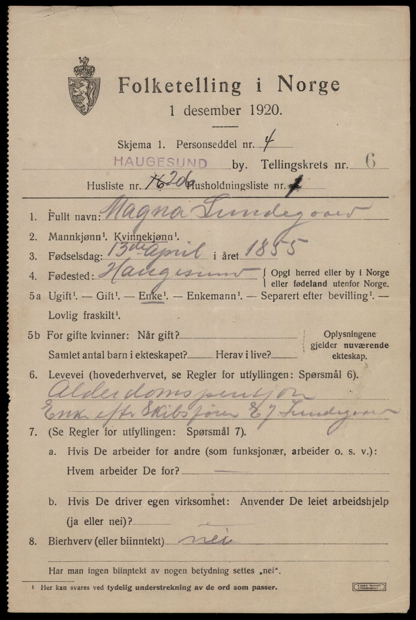 SAST, 1920 census for Haugesund, 1920, p. 25063