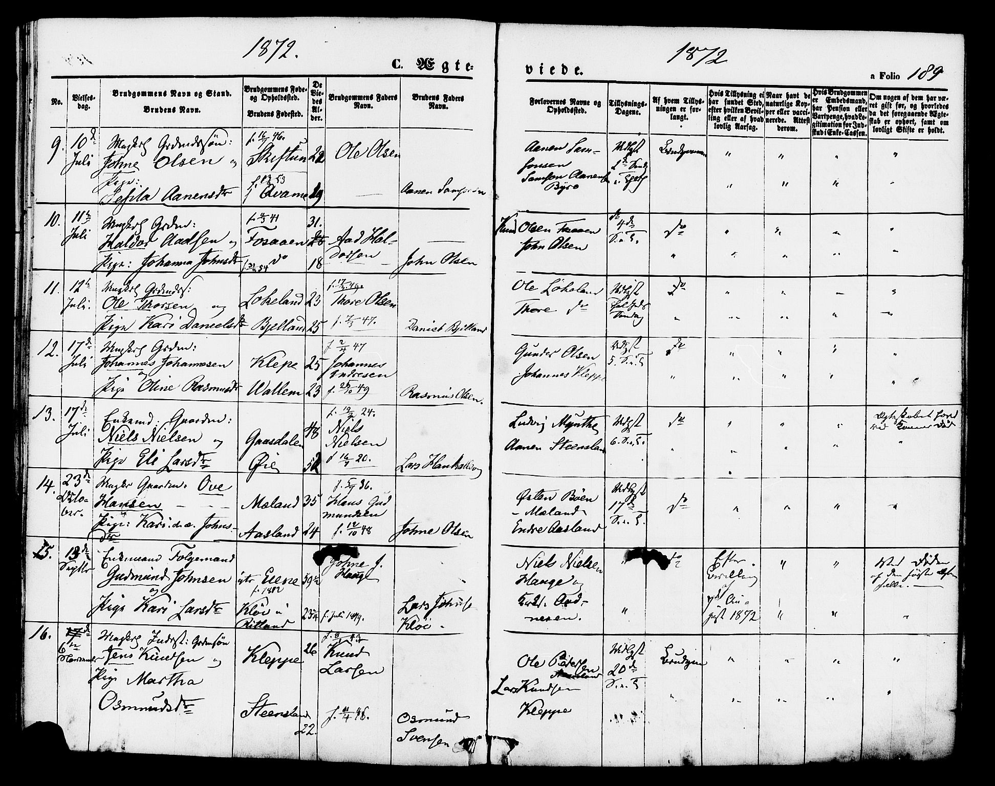 Hjelmeland sokneprestkontor, SAST/A-101843/01/IV/L0011: Parish register (official) no. A 11, 1861-1878, p. 189