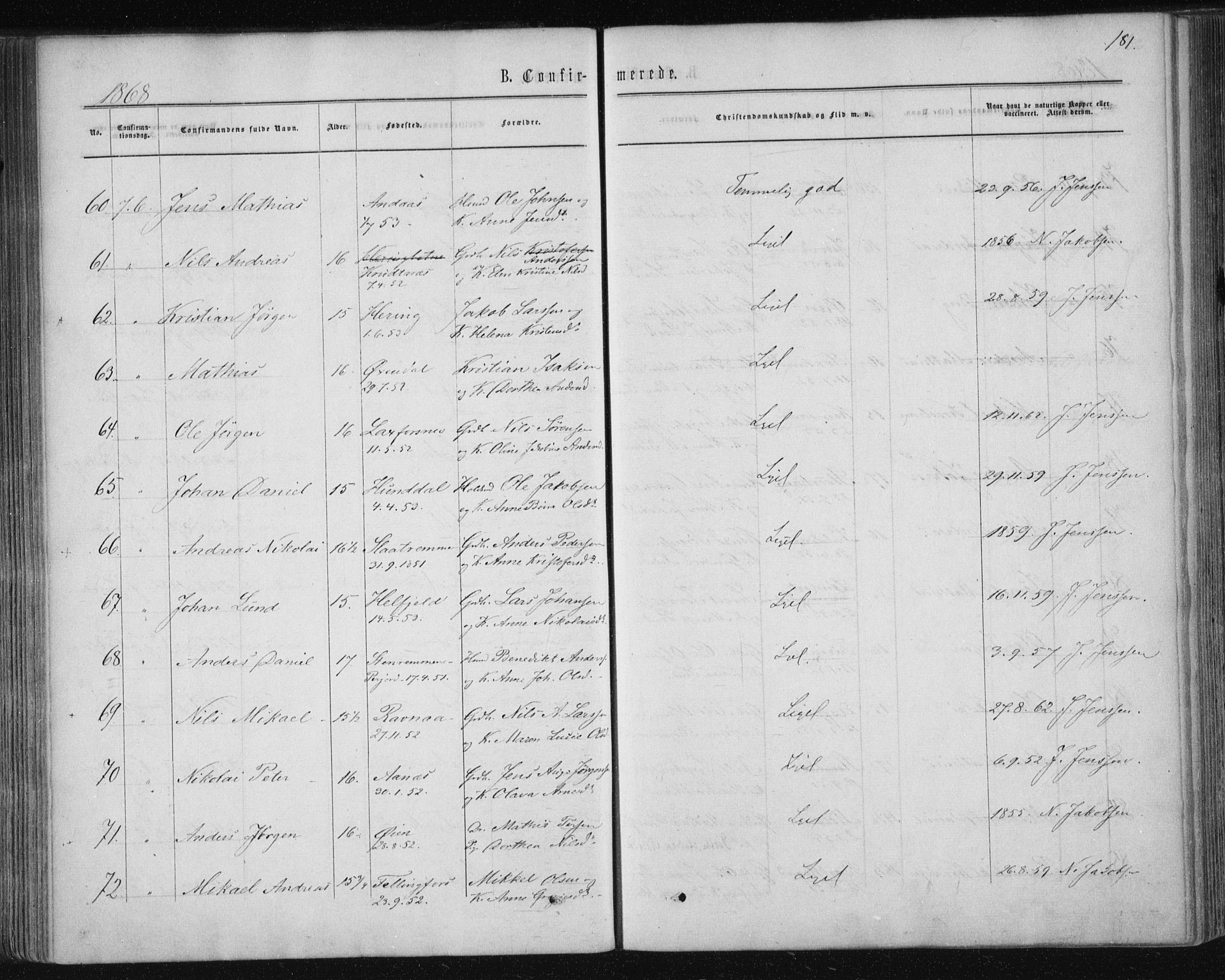 Ministerialprotokoller, klokkerbøker og fødselsregistre - Nordland, AV/SAT-A-1459/820/L0294: Parish register (official) no. 820A15, 1866-1879, p. 181