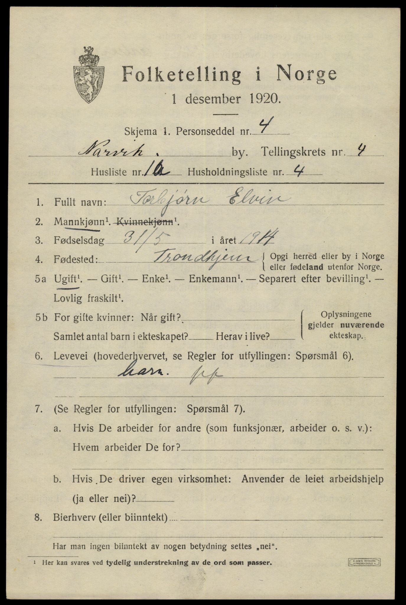 SAT, 1920 census for Narvik, 1920, p. 14312