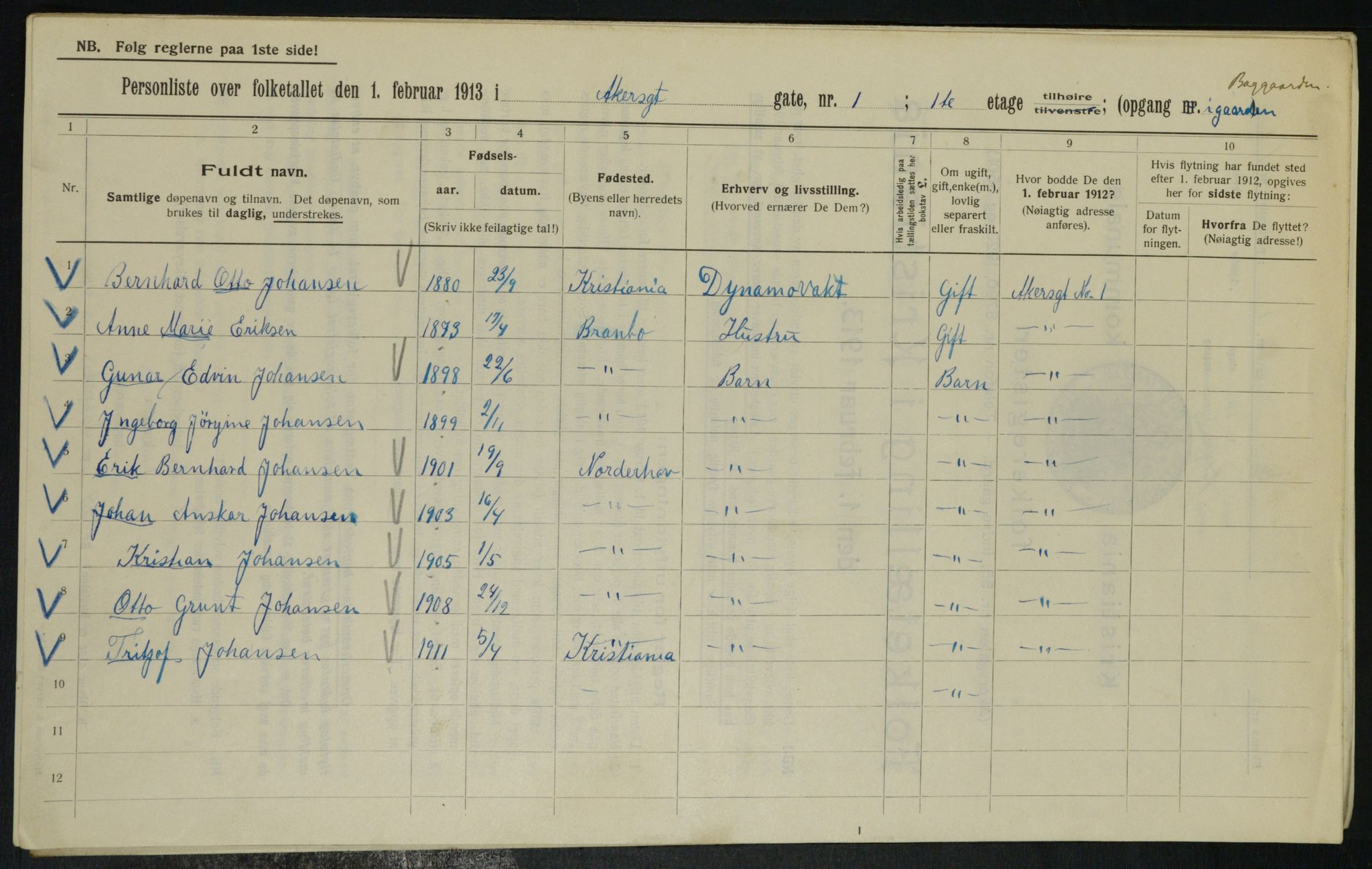 OBA, Municipal Census 1913 for Kristiania, 1913, p. 322