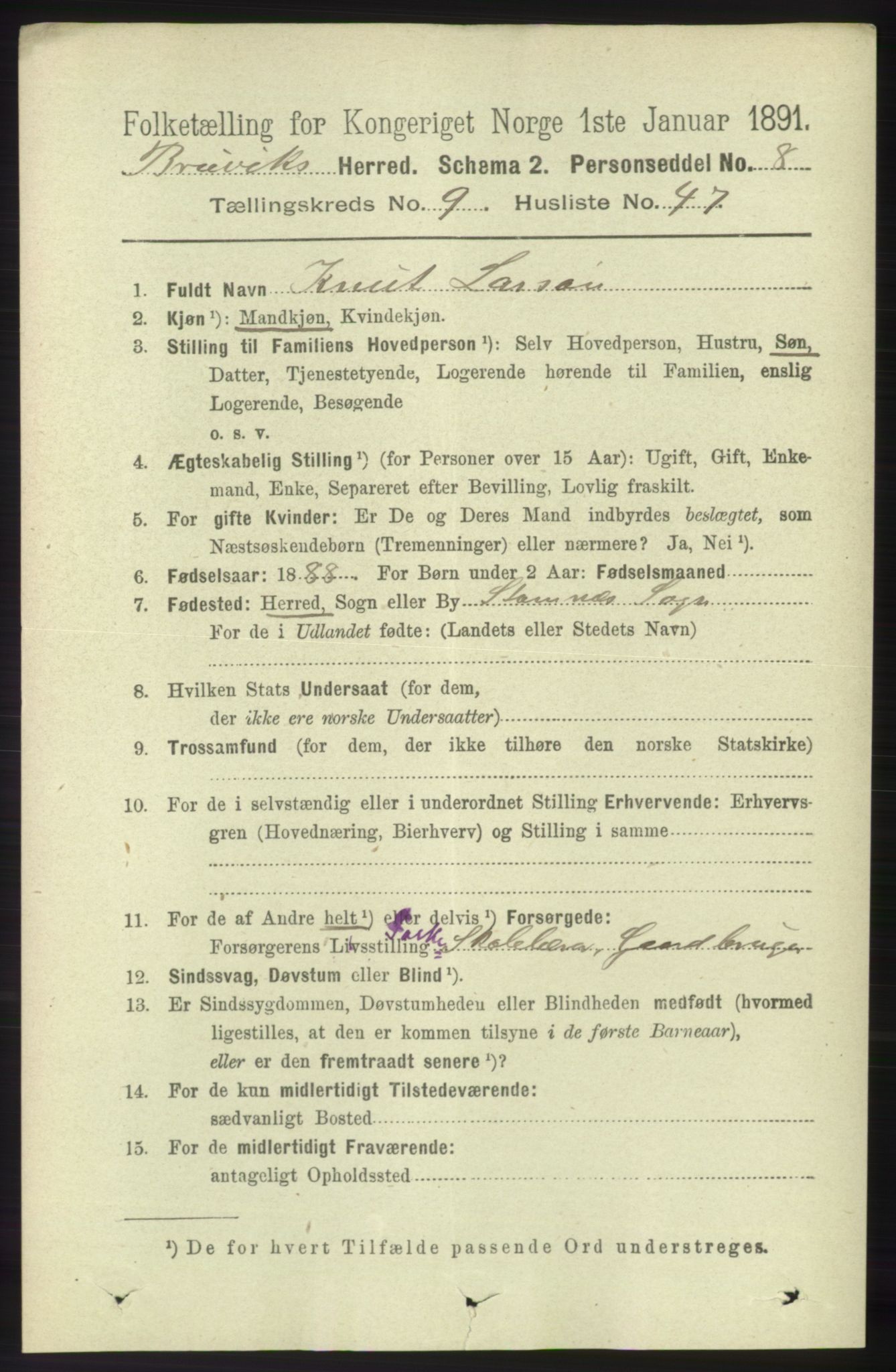 RA, 1891 census for 1251 Bruvik, 1891, p. 3586