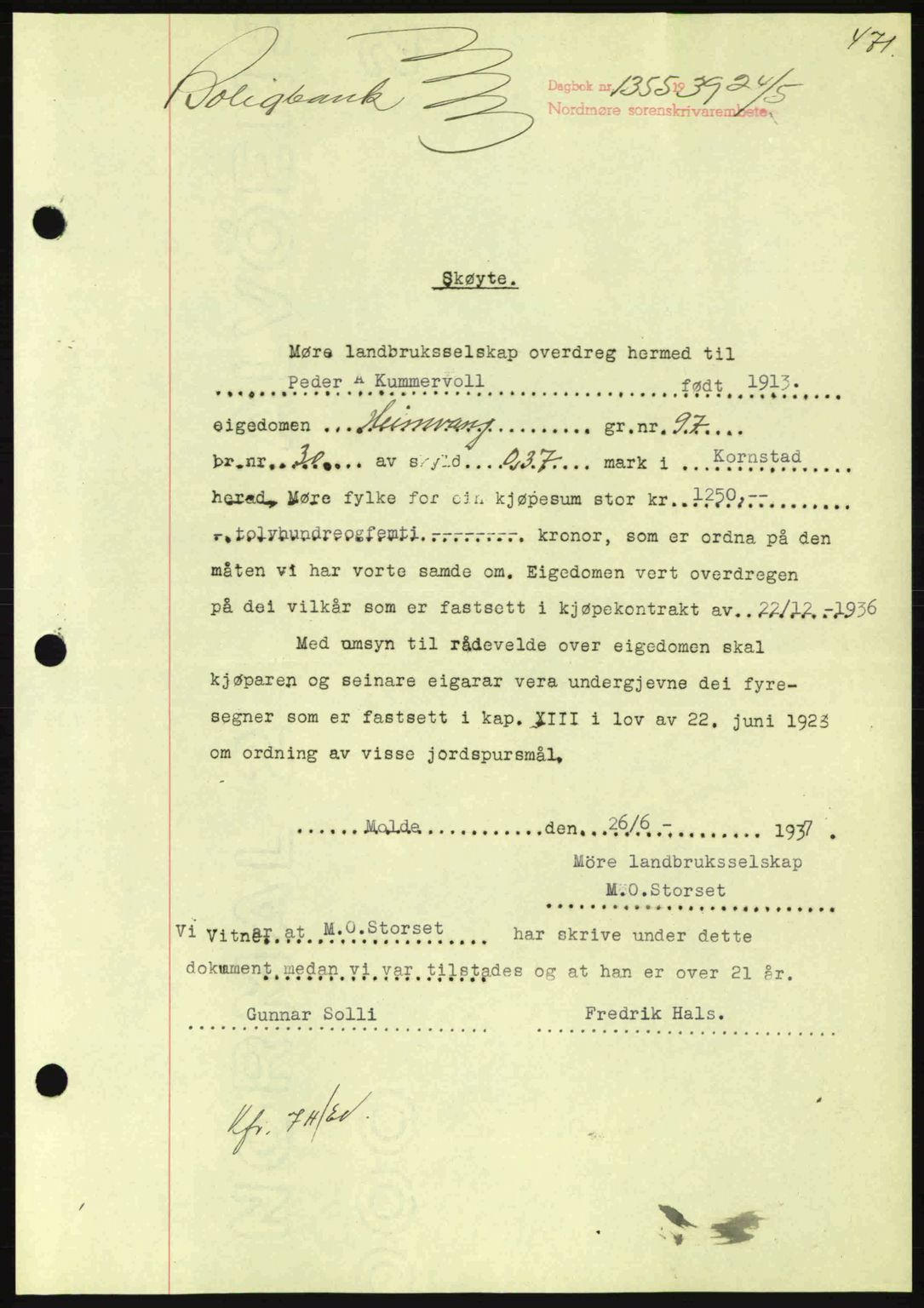 Nordmøre sorenskriveri, AV/SAT-A-4132/1/2/2Ca: Mortgage book no. A86, 1939-1939, Diary no: : 1355/1939