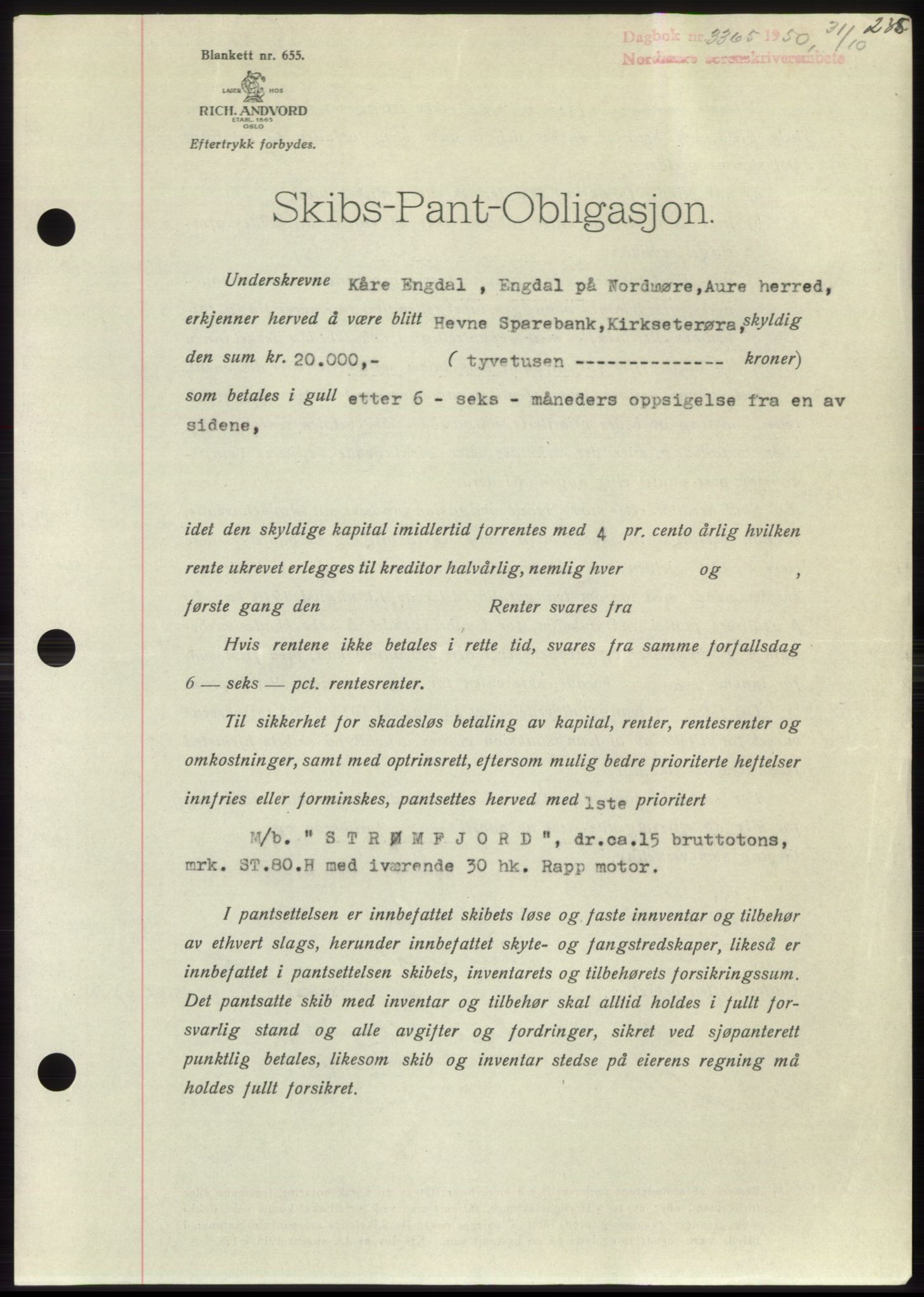 Nordmøre sorenskriveri, AV/SAT-A-4132/1/2/2Ca: Mortgage book no. B106, 1950-1950, Diary no: : 3365/1950