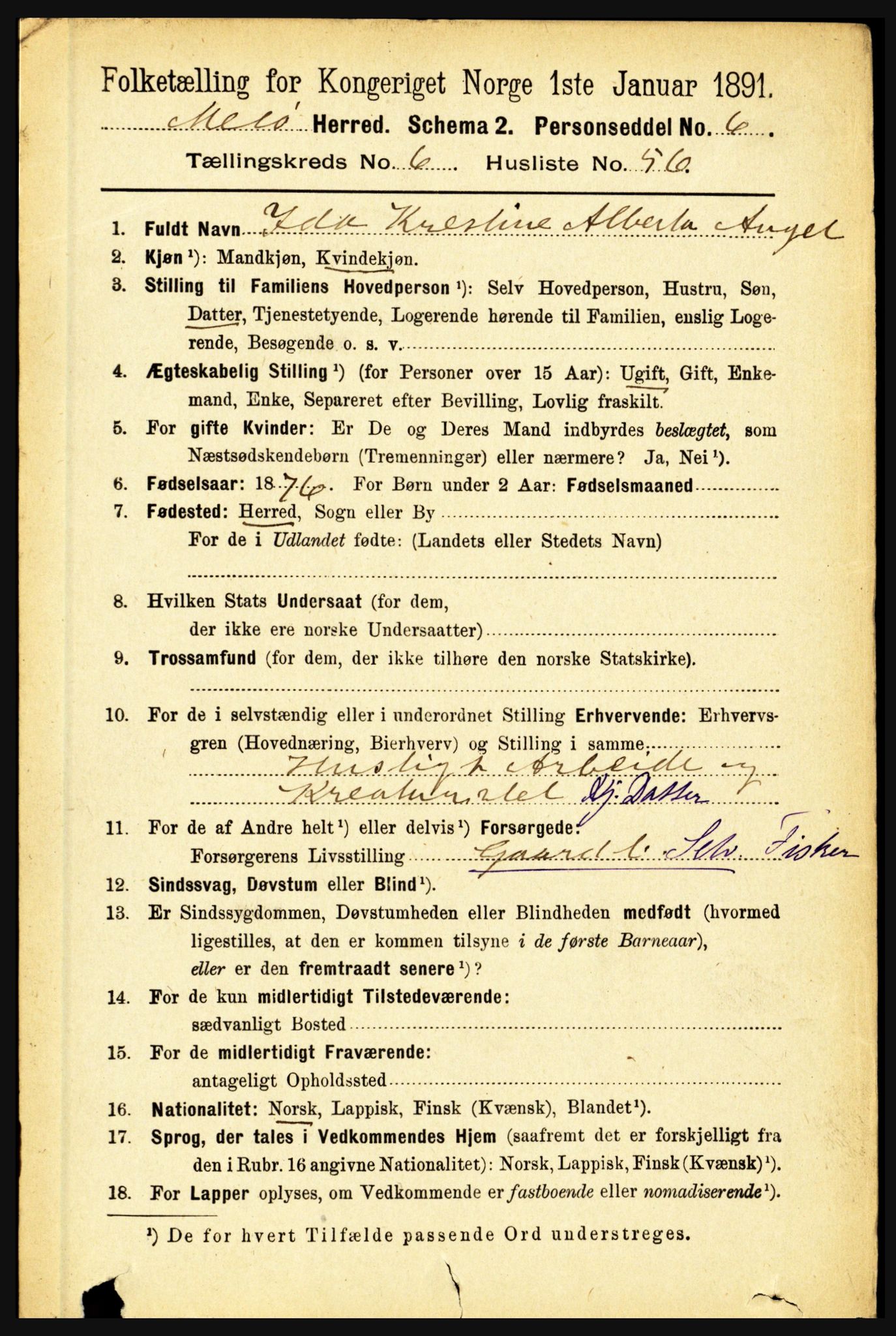 RA, 1891 census for 1837 Meløy, 1891, p. 2540