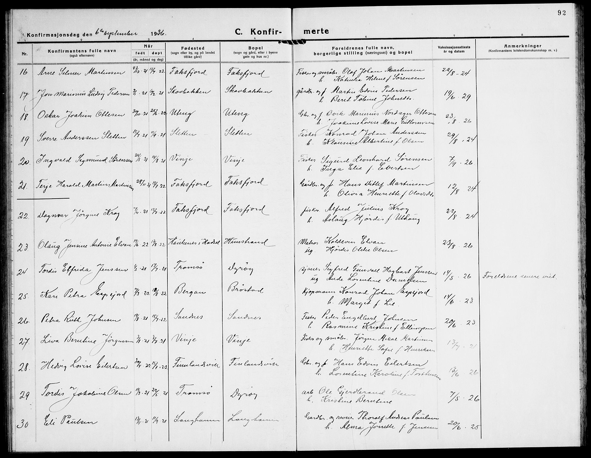 Tranøy sokneprestkontor, AV/SATØ-S-1313/I/Ia/Iab/L0016klokker: Parish register (copy) no. 16, 1930-1945, p. 92