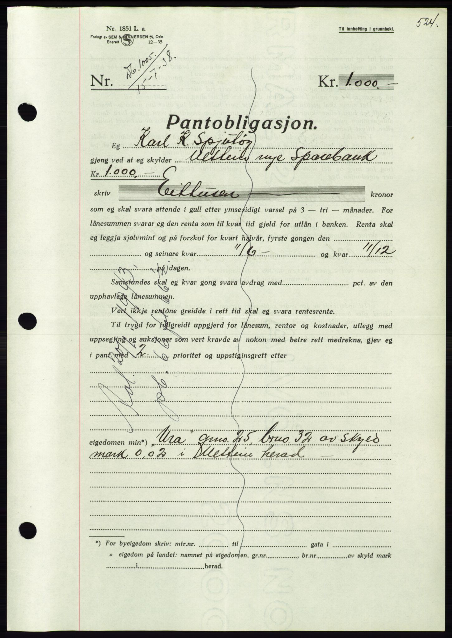 Søre Sunnmøre sorenskriveri, AV/SAT-A-4122/1/2/2C/L0065: Mortgage book no. 59, 1938-1938, Diary no: : 1005/1938