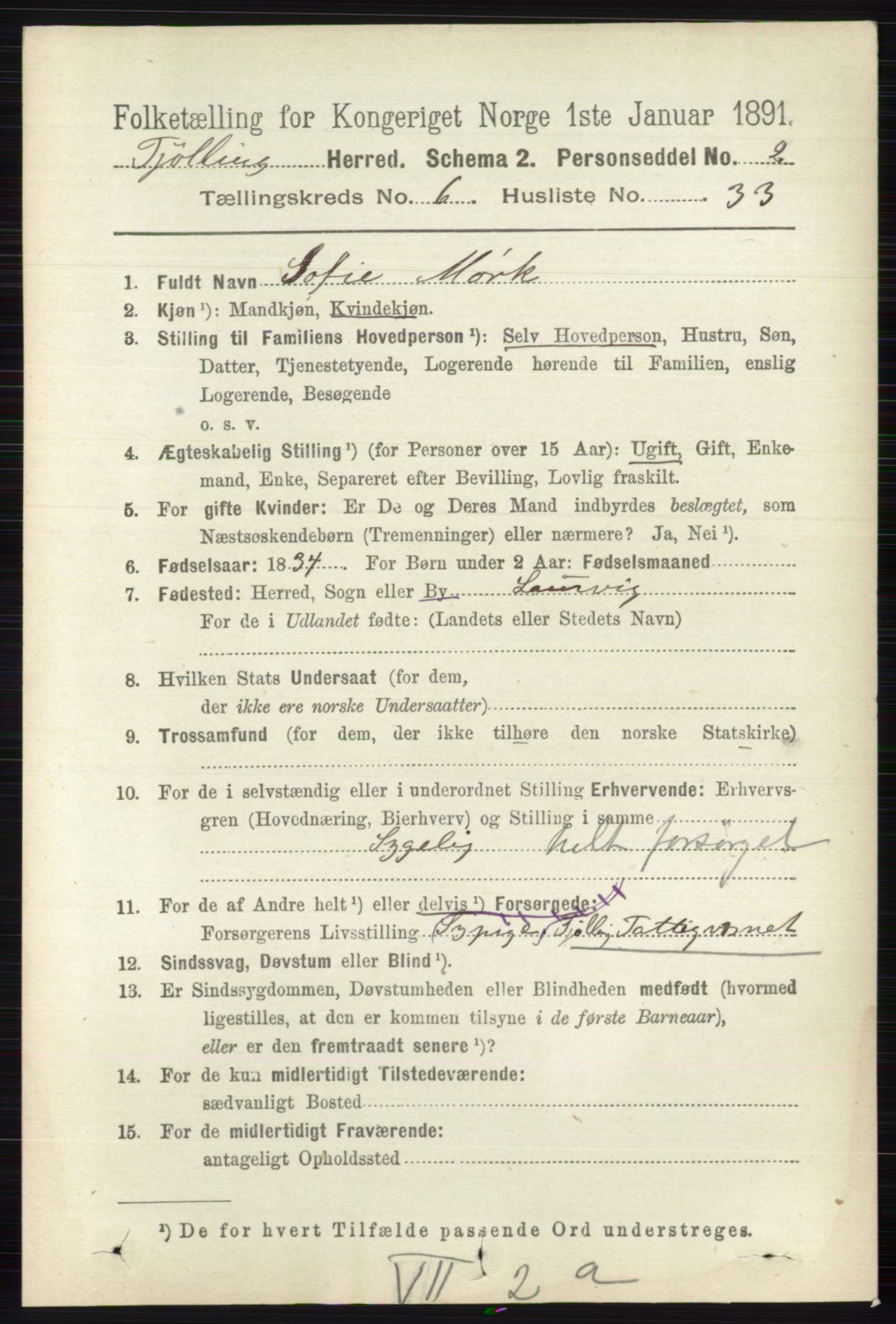 RA, 1891 census for 0725 Tjølling, 1891, p. 3129