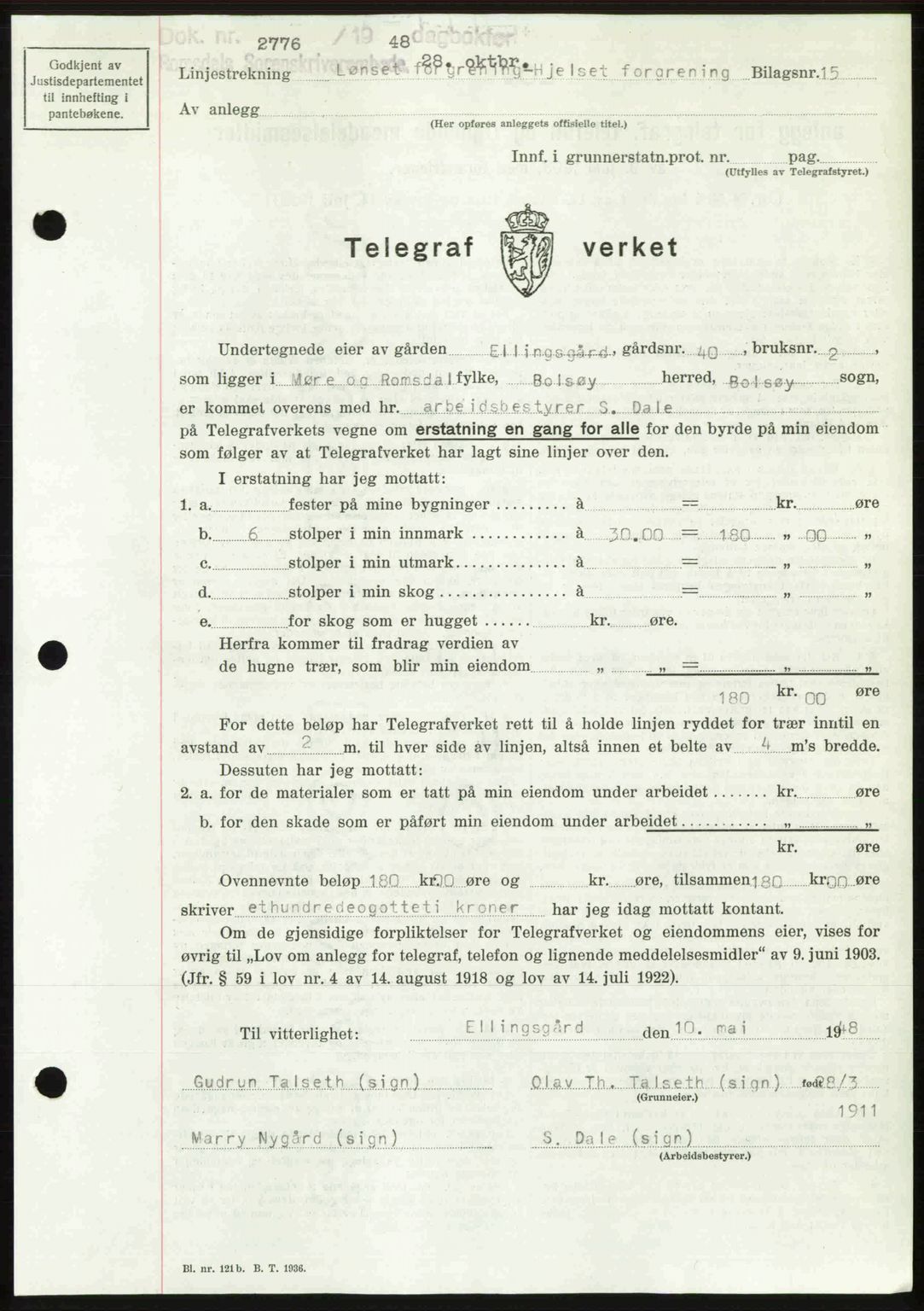 Romsdal sorenskriveri, AV/SAT-A-4149/1/2/2C: Mortgage book no. A27, 1948-1948, Diary no: : 2776/1948