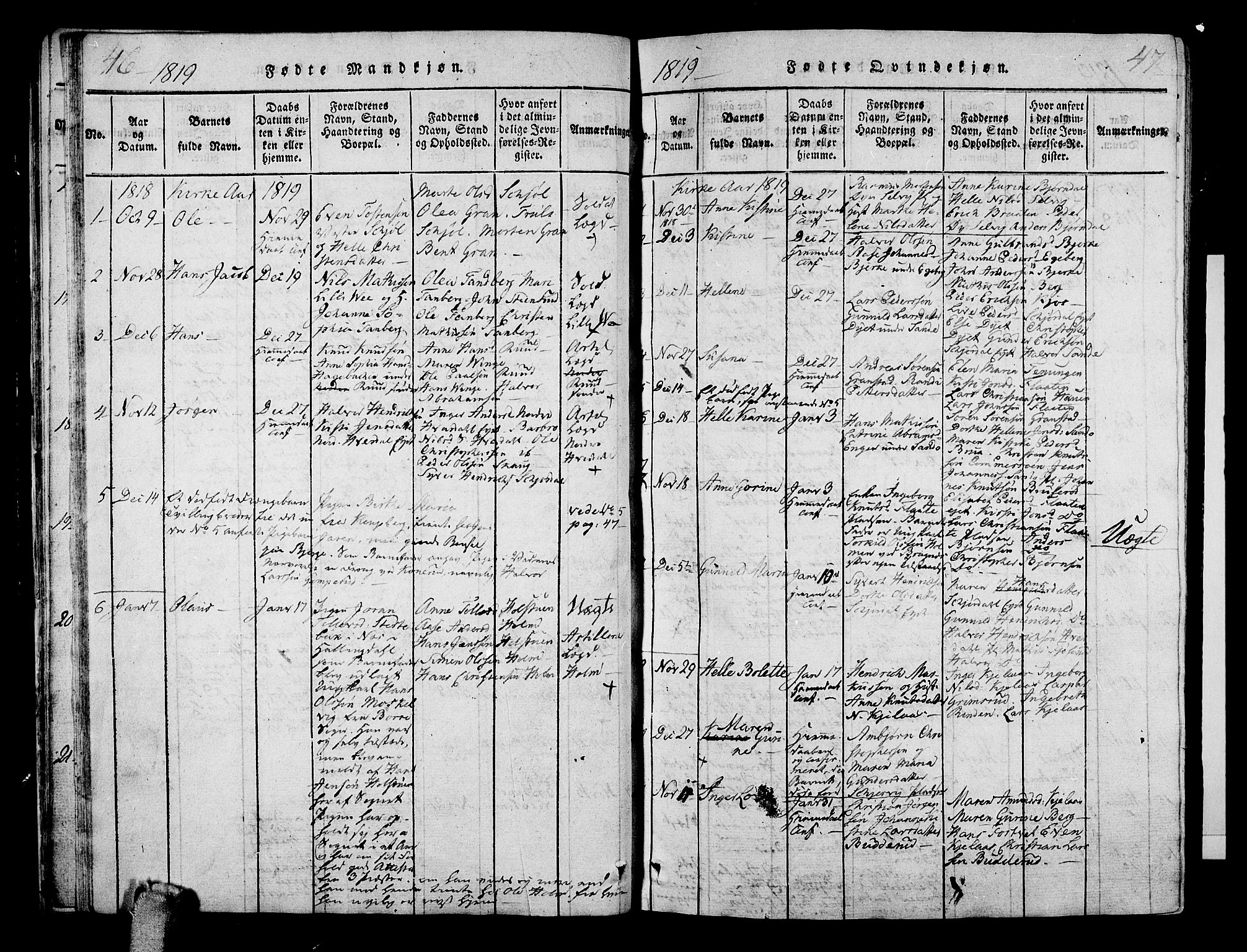 Sande Kirkebøker, AV/SAKO-A-53/G/Ga/L0001: Parish register (copy) no. 1, 1814-1847, p. 46-47