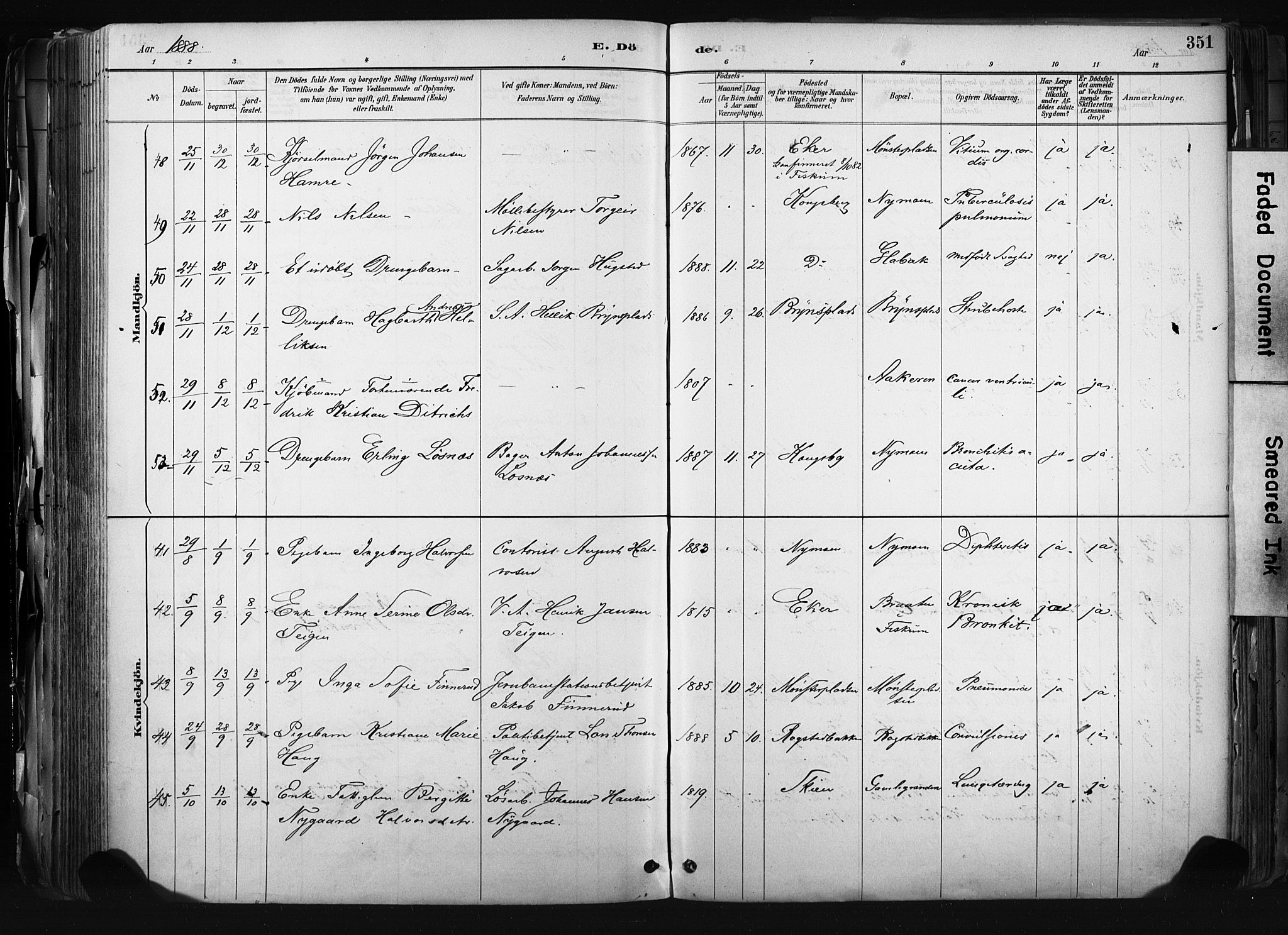 Kongsberg kirkebøker, AV/SAKO-A-22/F/Fb/L0002: Parish register (official) no. II 2, 1886-1896, p. 351