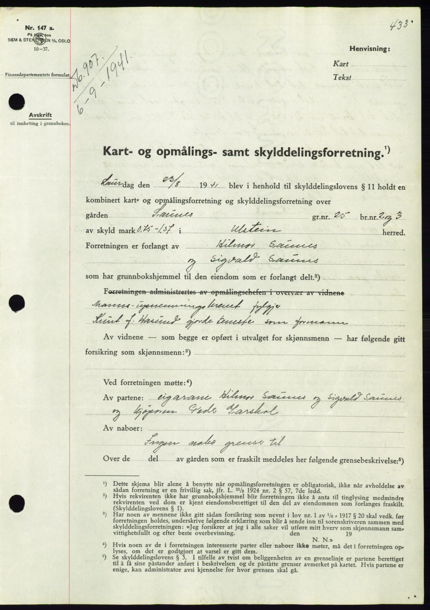 Søre Sunnmøre sorenskriveri, AV/SAT-A-4122/1/2/2C/L0071: Mortgage book no. 65, 1941-1941, Diary no: : 907/1941