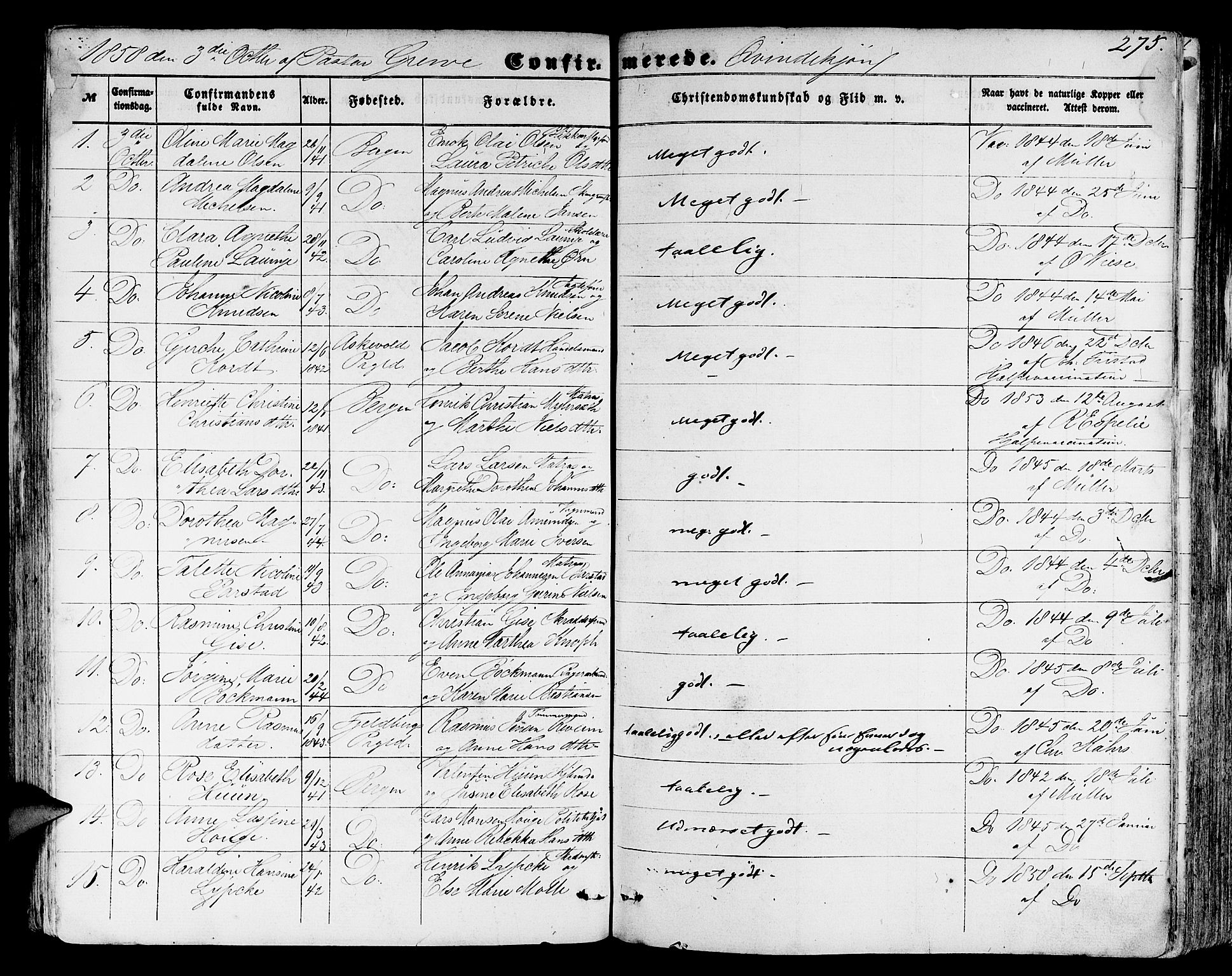 Domkirken sokneprestembete, SAB/A-74801/H/Hab/L0023: Parish register (copy) no. C 3, 1854-1880, p. 275
