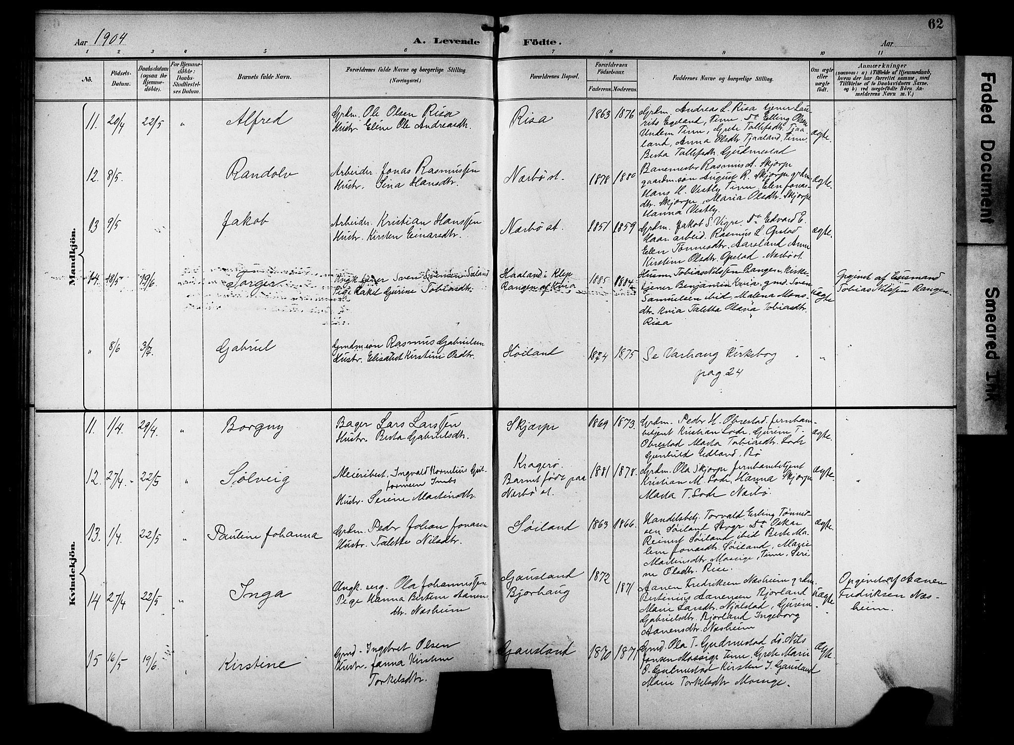 Hå sokneprestkontor, AV/SAST-A-101801/001/30BB/L0005: Parish register (copy) no. B 5, 1894-1912, p. 62