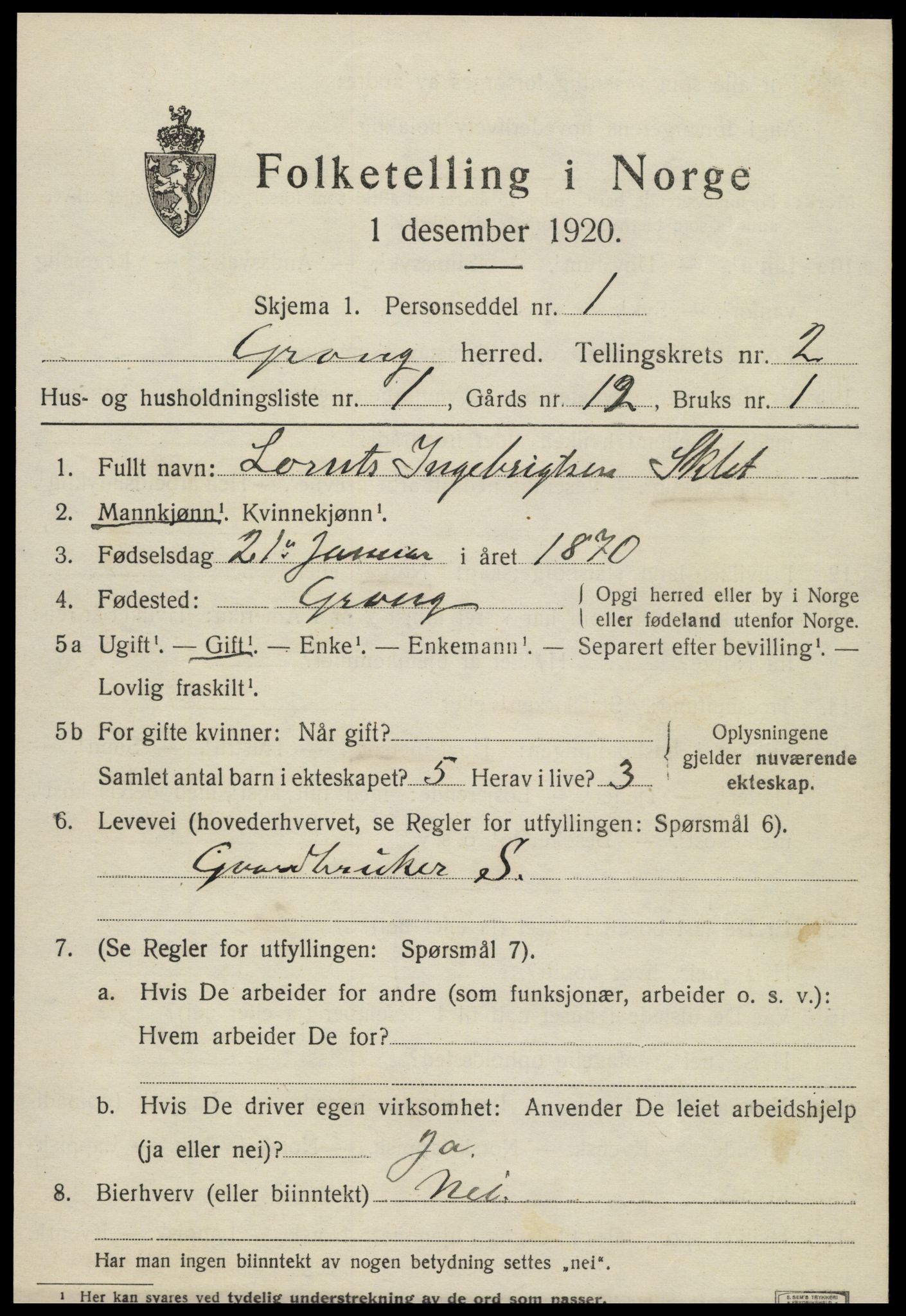 SAT, 1920 census for Grong, 1920, p. 1549