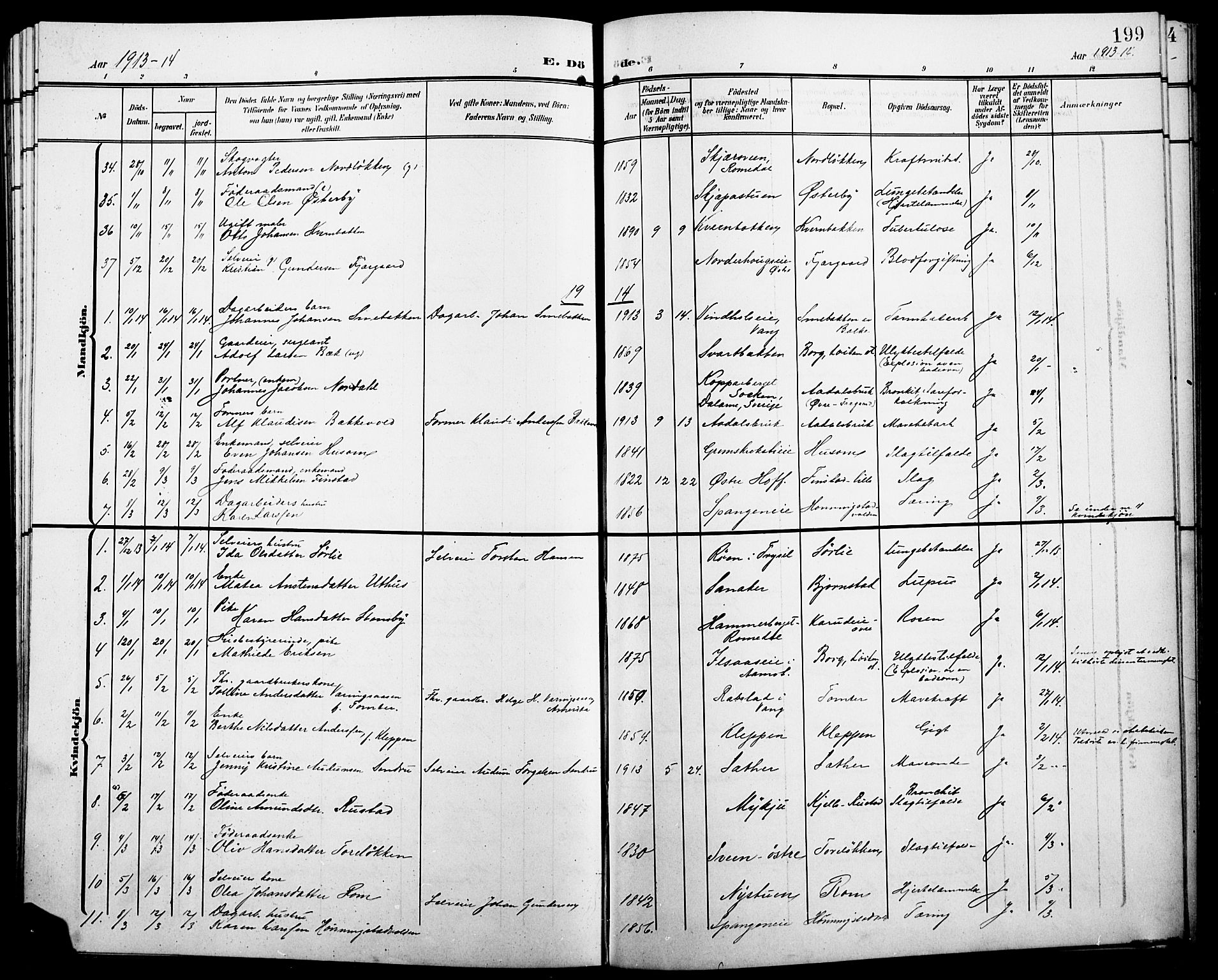 Løten prestekontor, SAH/PREST-022/L/La/L0007: Parish register (copy) no. 7, 1910-1919, p. 199