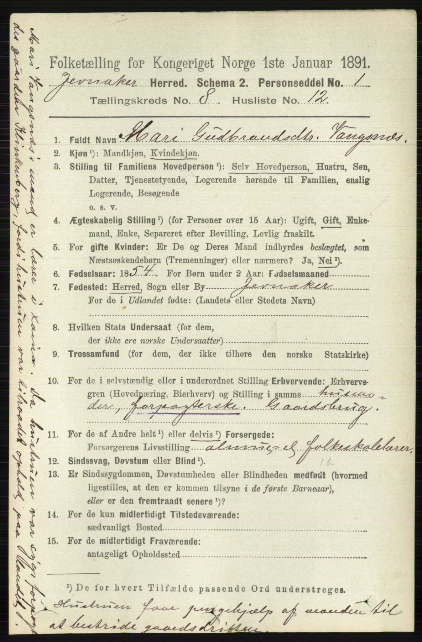 RA, 1891 census for 0532 Jevnaker, 1891, p. 4401