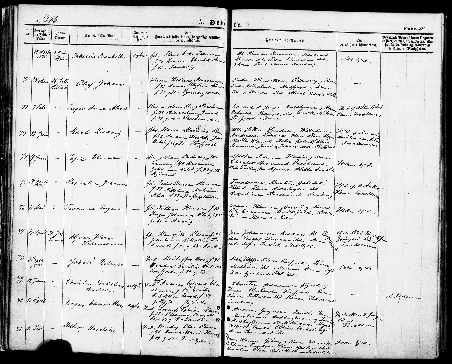 Lenvik sokneprestembete, SATØ/S-1310/H/Ha/Haa/L0010kirke: Parish register (official) no. 10, 1873-1880, p. 38