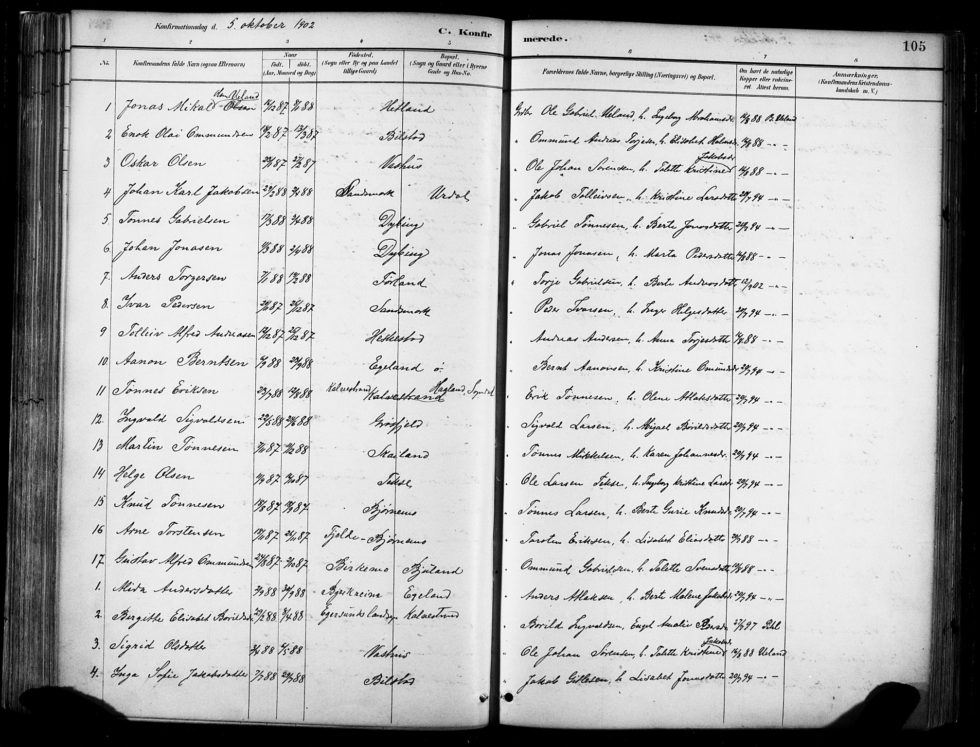 Lund sokneprestkontor, AV/SAST-A-101809/S06/L0012: Parish register (official) no. A 11, 1887-1921, p. 105