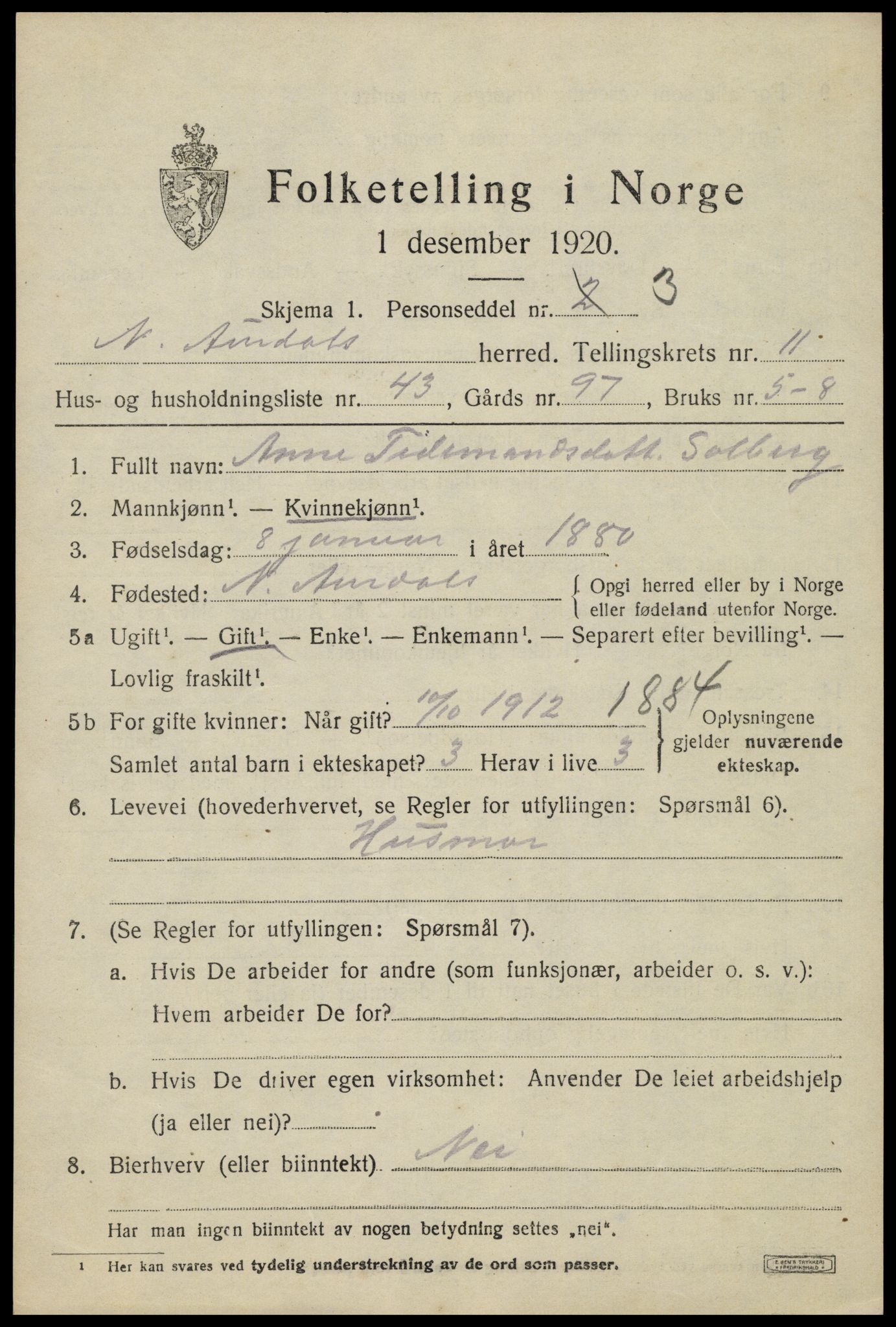 SAH, 1920 census for Nord-Aurdal, 1920, p. 8874