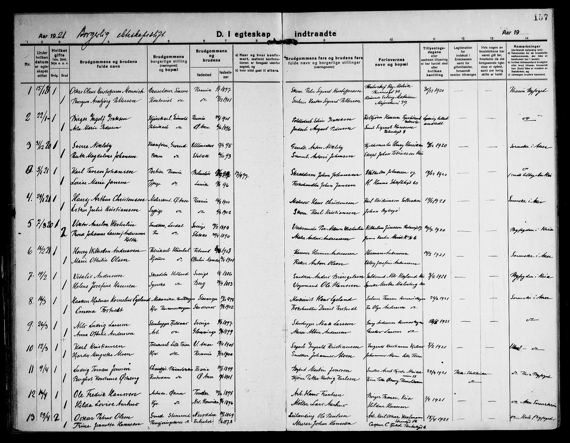 Østre Aker prestekontor Kirkebøker, SAO/A-10840/F/Fa/L0013: Parish register (official) no. I 13, 1918-1929, p. 157