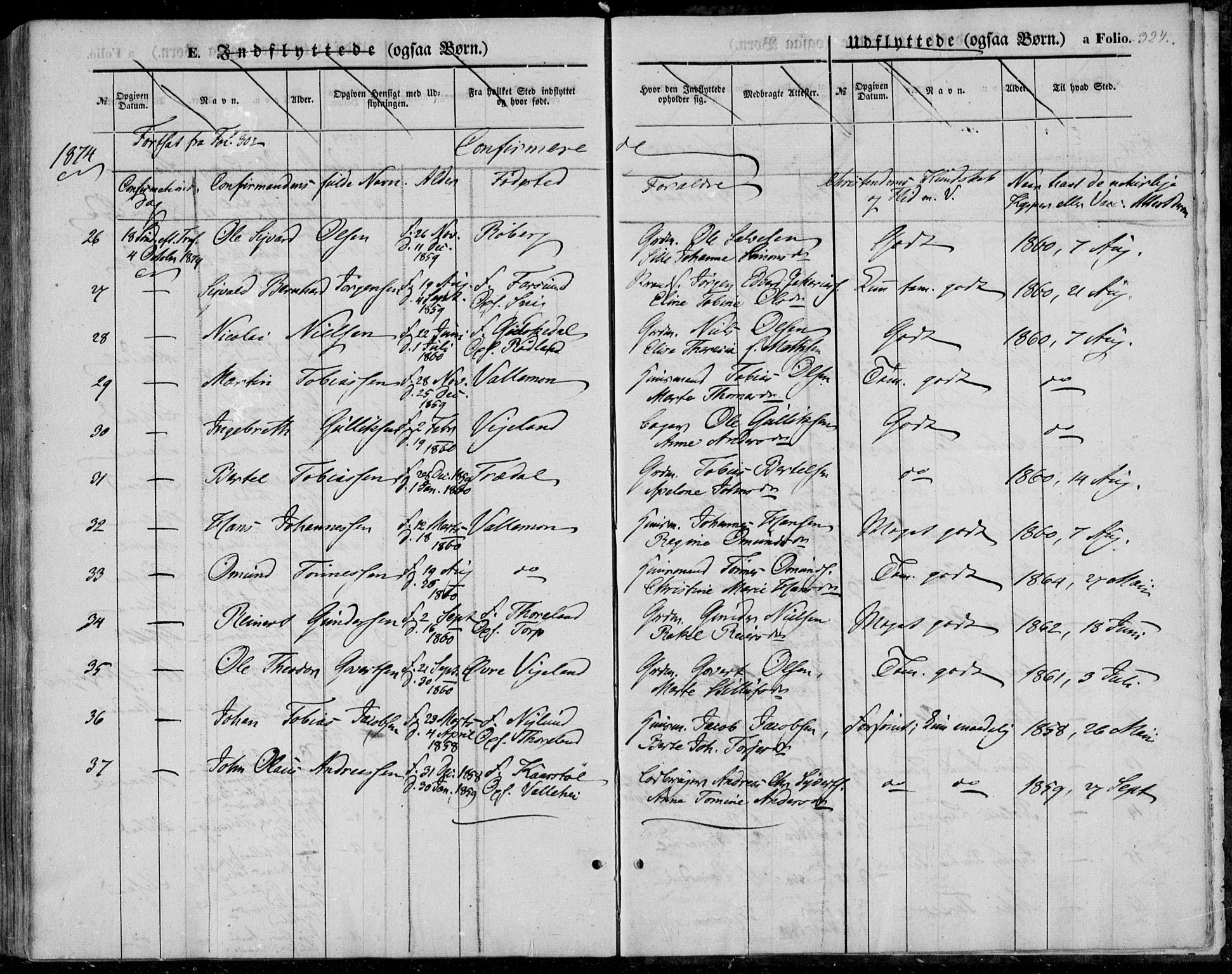 Sør-Audnedal sokneprestkontor, AV/SAK-1111-0039/F/Fa/Fab/L0007: Parish register (official) no. A 7, 1855-1876, p. 324