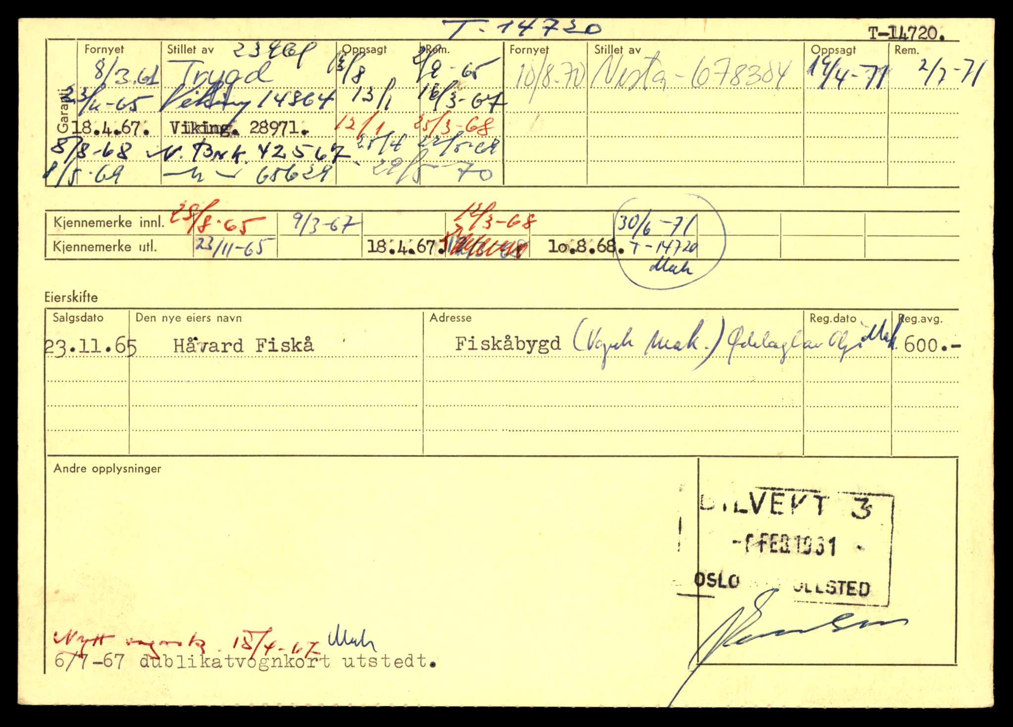 Møre og Romsdal vegkontor - Ålesund trafikkstasjon, AV/SAT-A-4099/F/Fe/L0047: Registreringskort for kjøretøy T 14580 - T 14720, 1927-1998, p. 3244